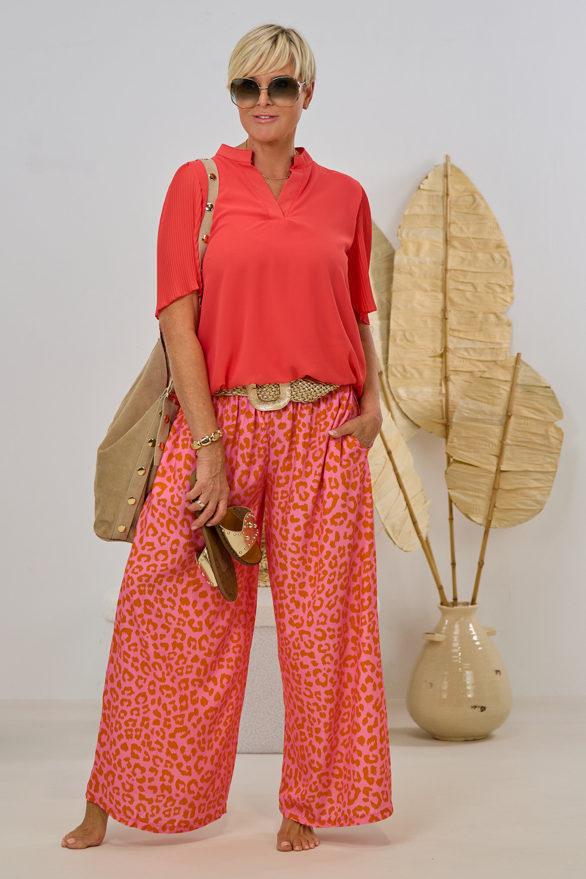 Bluse mit Plissee-Ärmeln, uni-rot