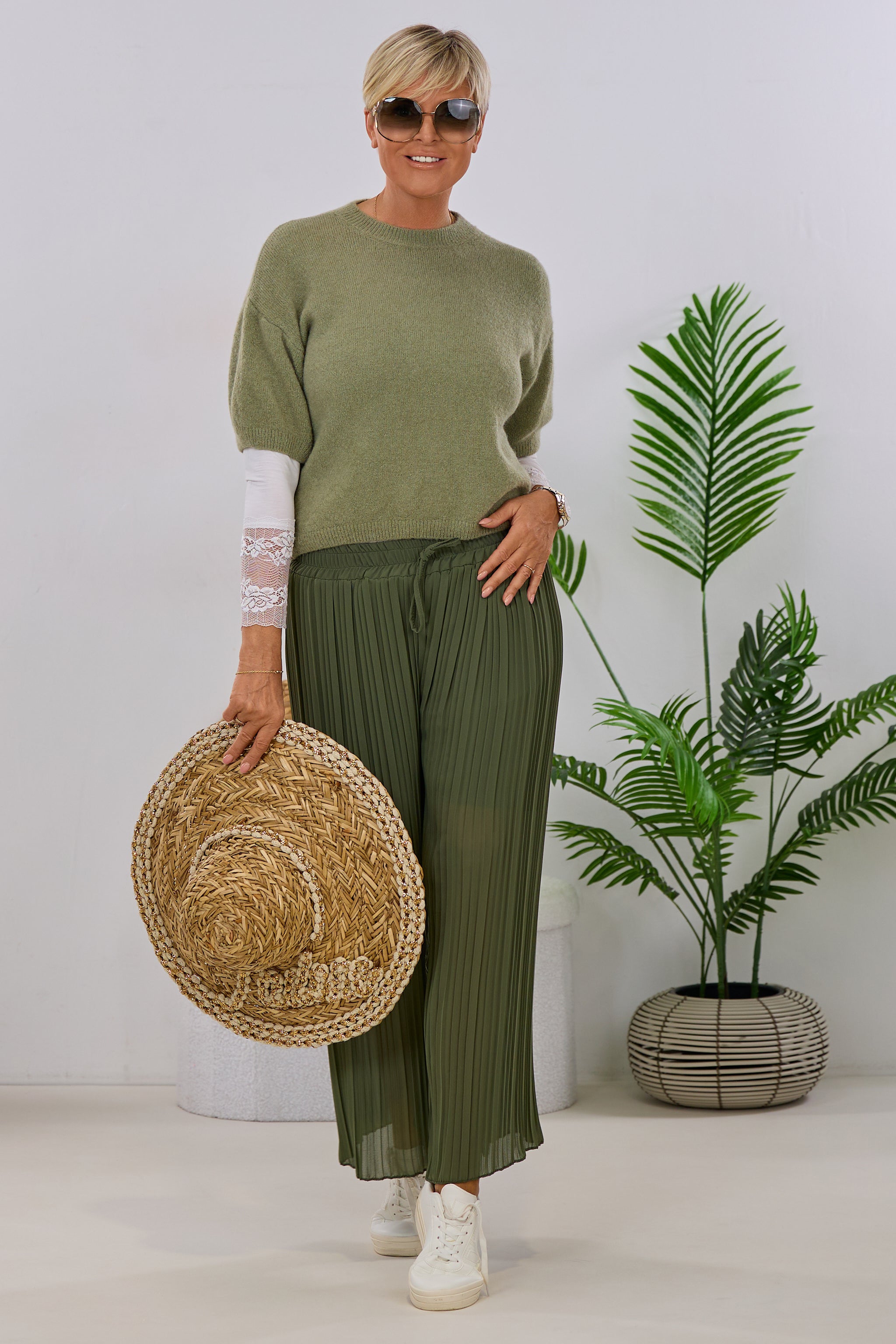 Kurzarm Strickpulli - uni, khaki