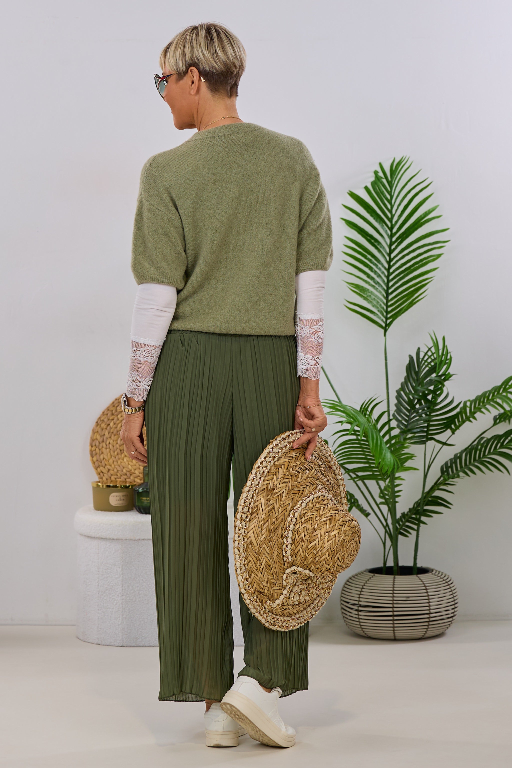 Kurzarm Strickpulli - uni, khaki