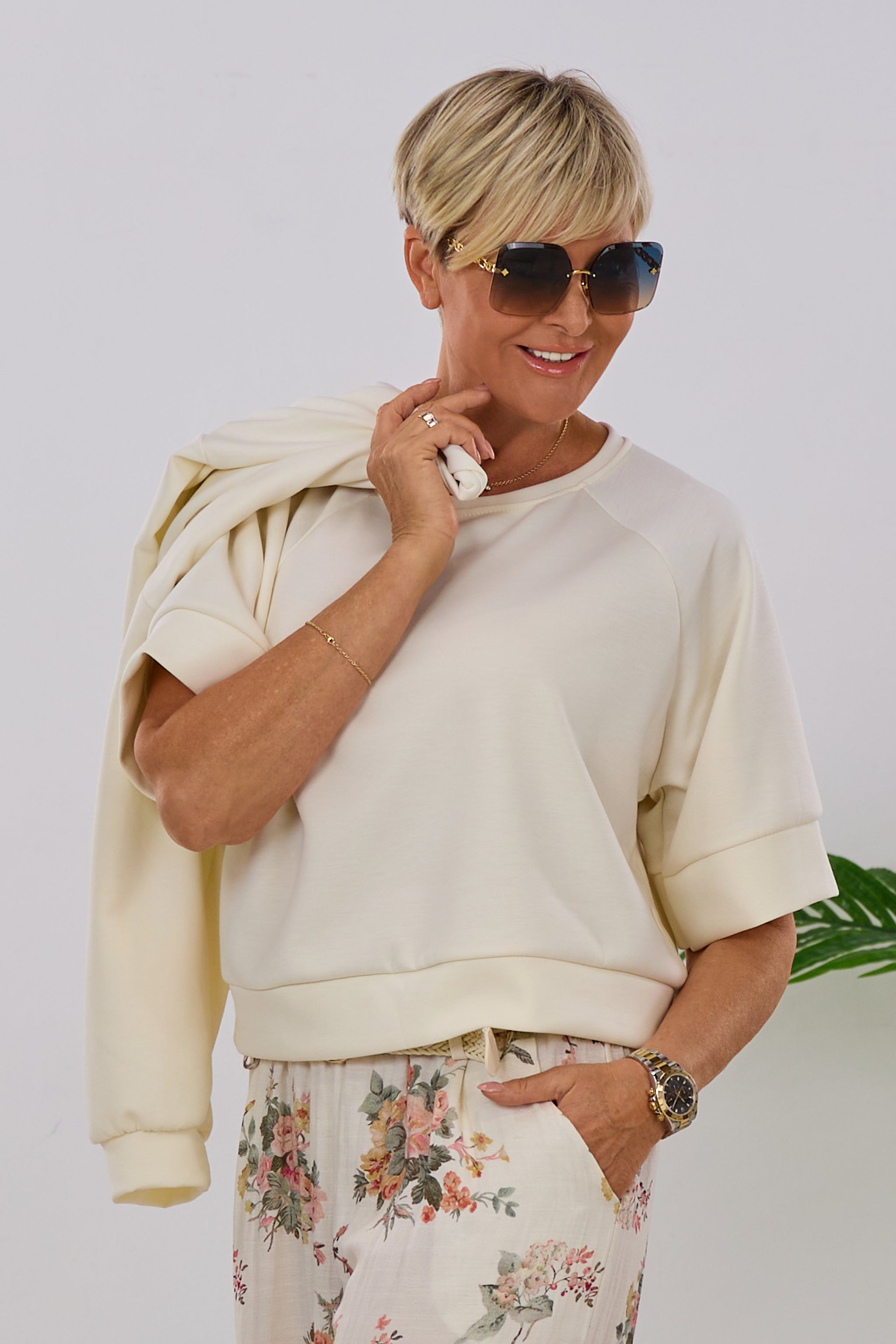 kurzarm cozy Shirt, creme