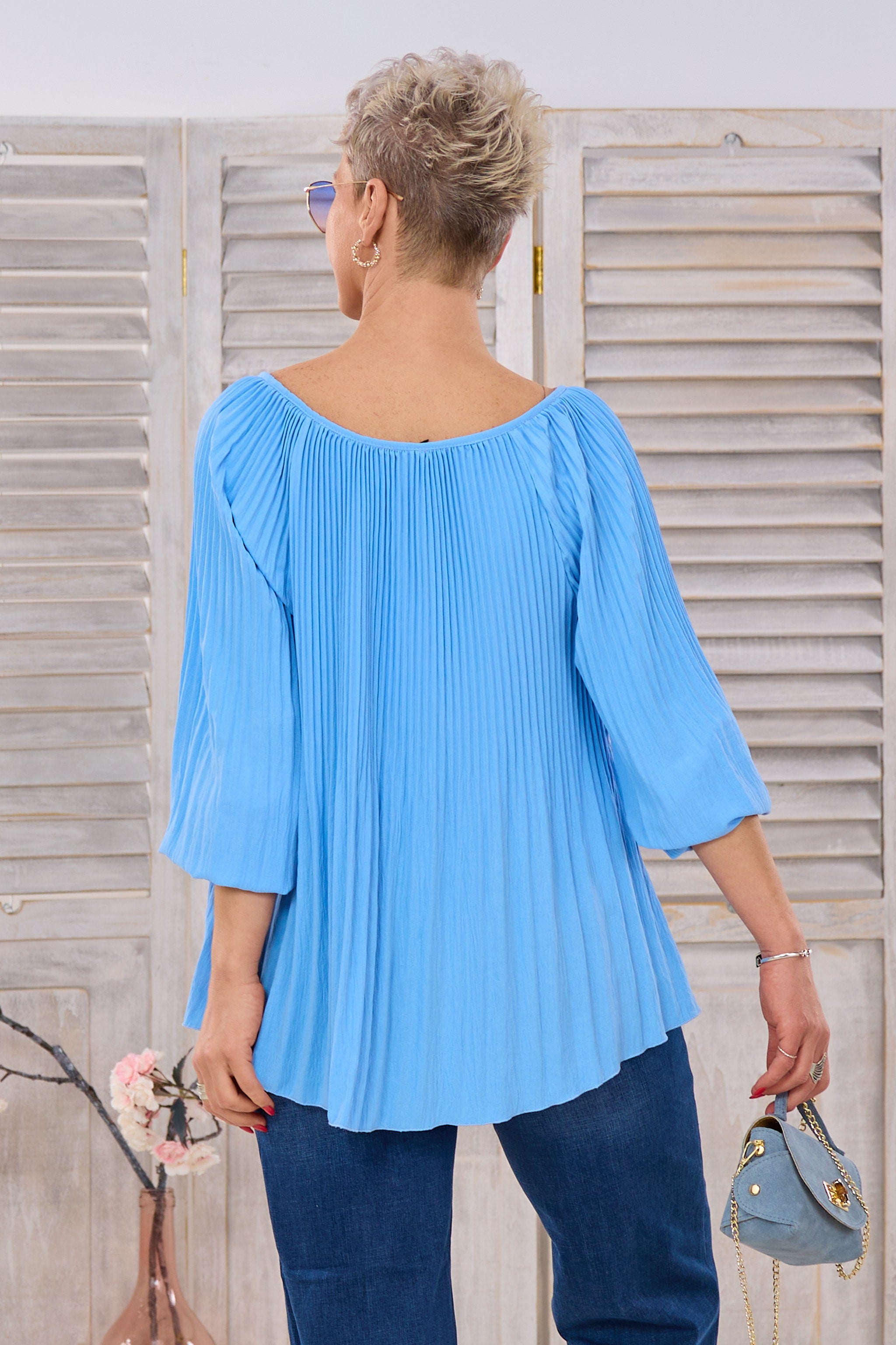 Plissee Bluse mit V-Ausschnitt, hellblau