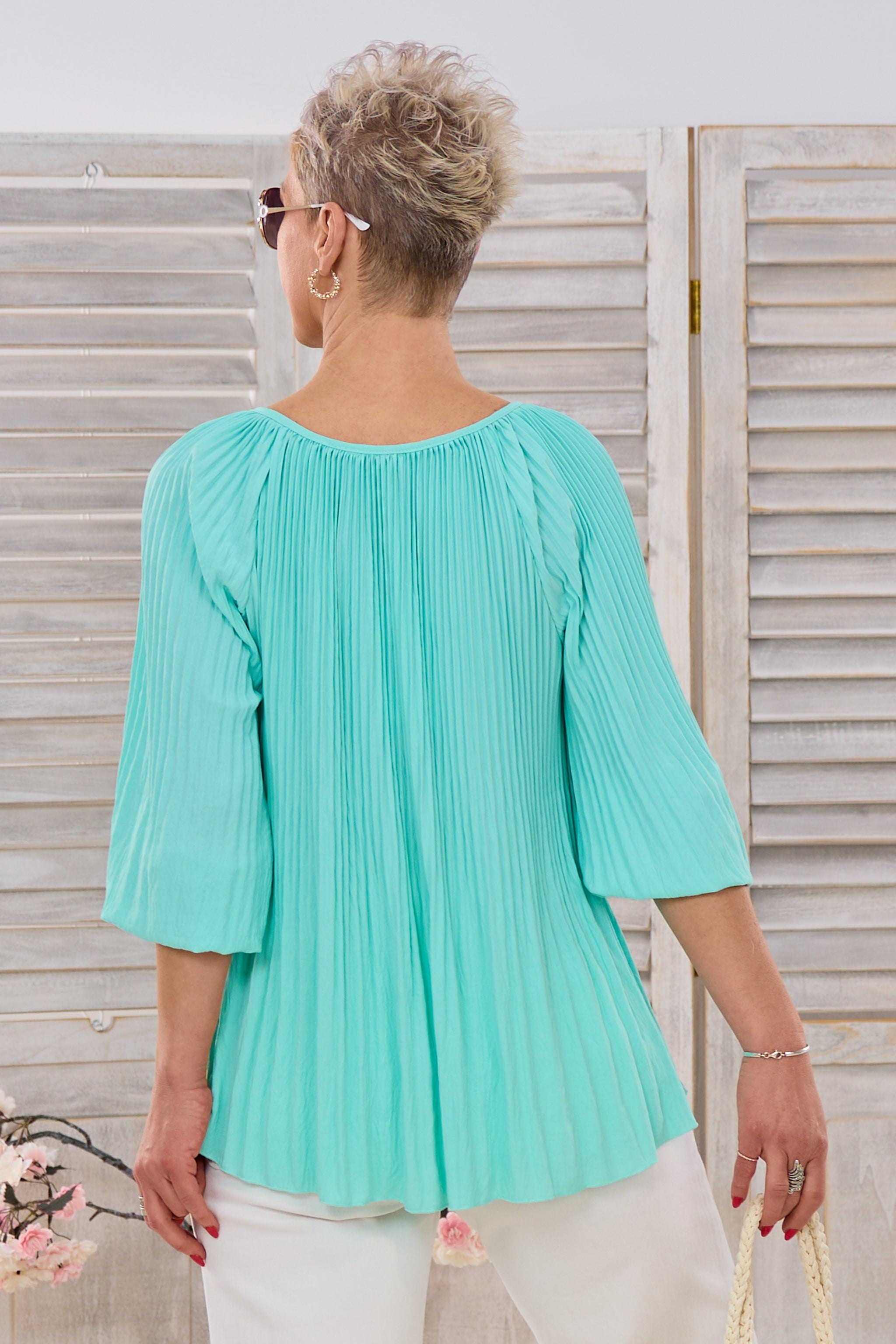 Plissee Bluse mit V-Ausschnitt, mint