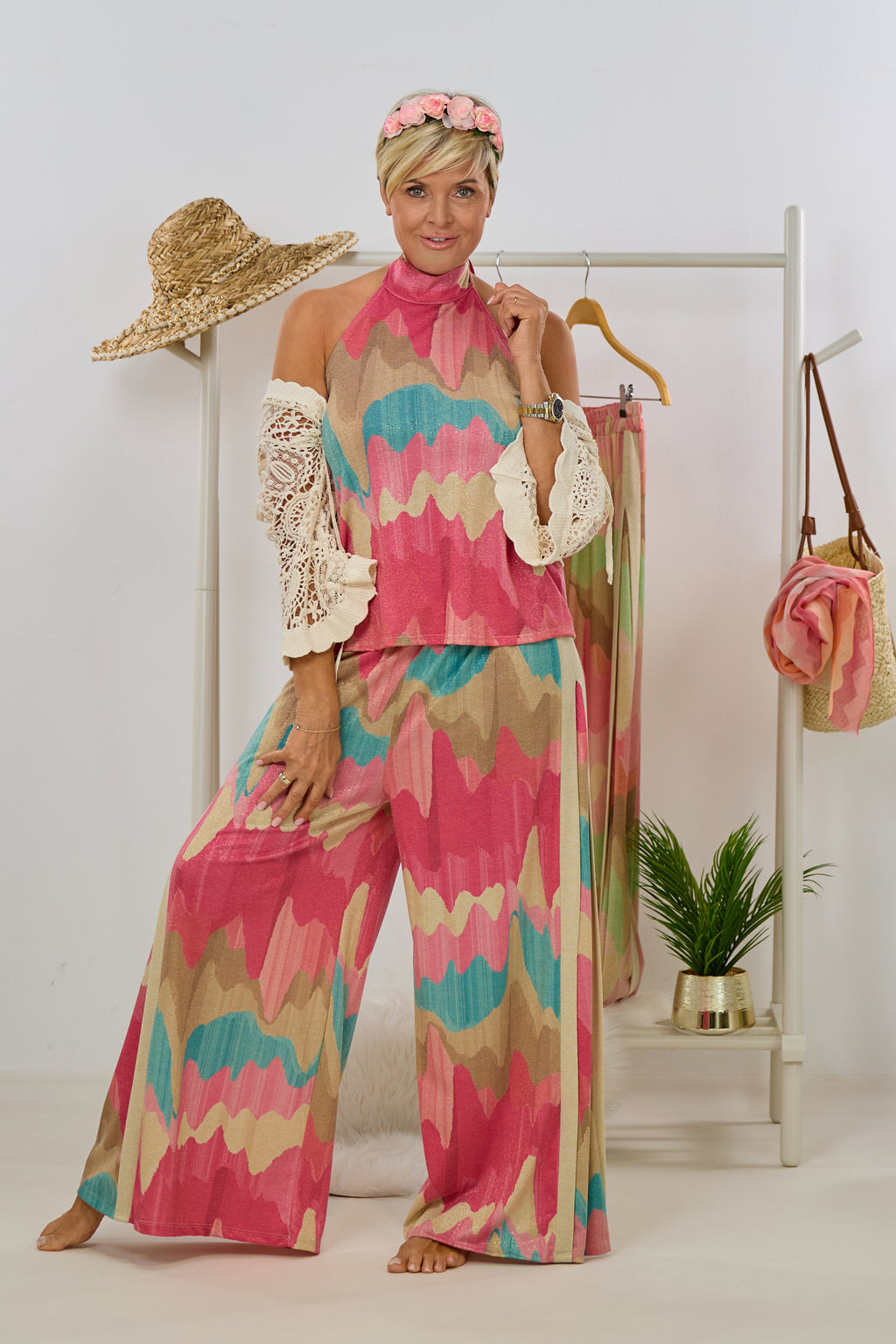 Neckholder Blusen-Top, pink-petrol-gold