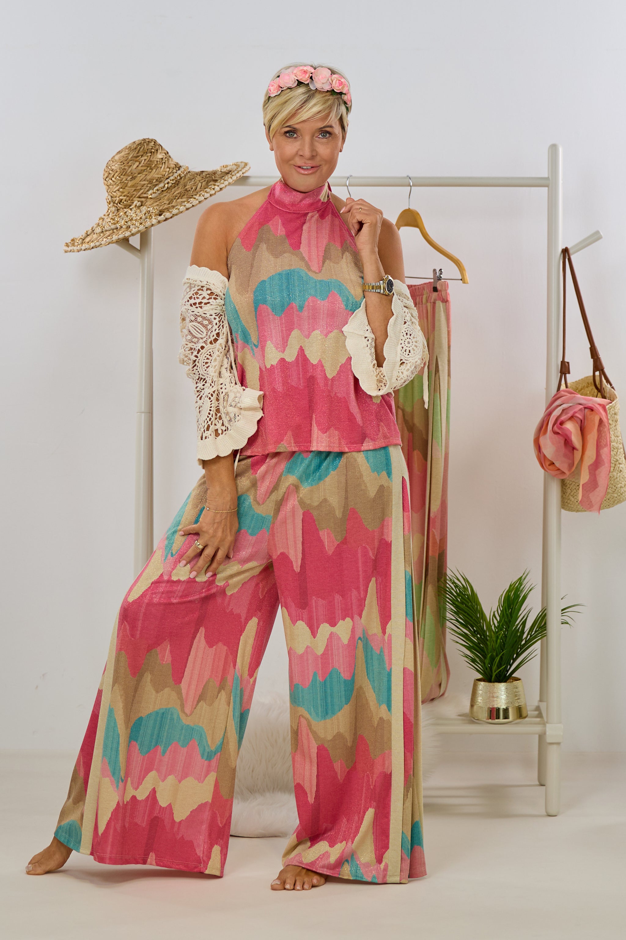 Neckholder Blusen-Top, pink-petrol-gold