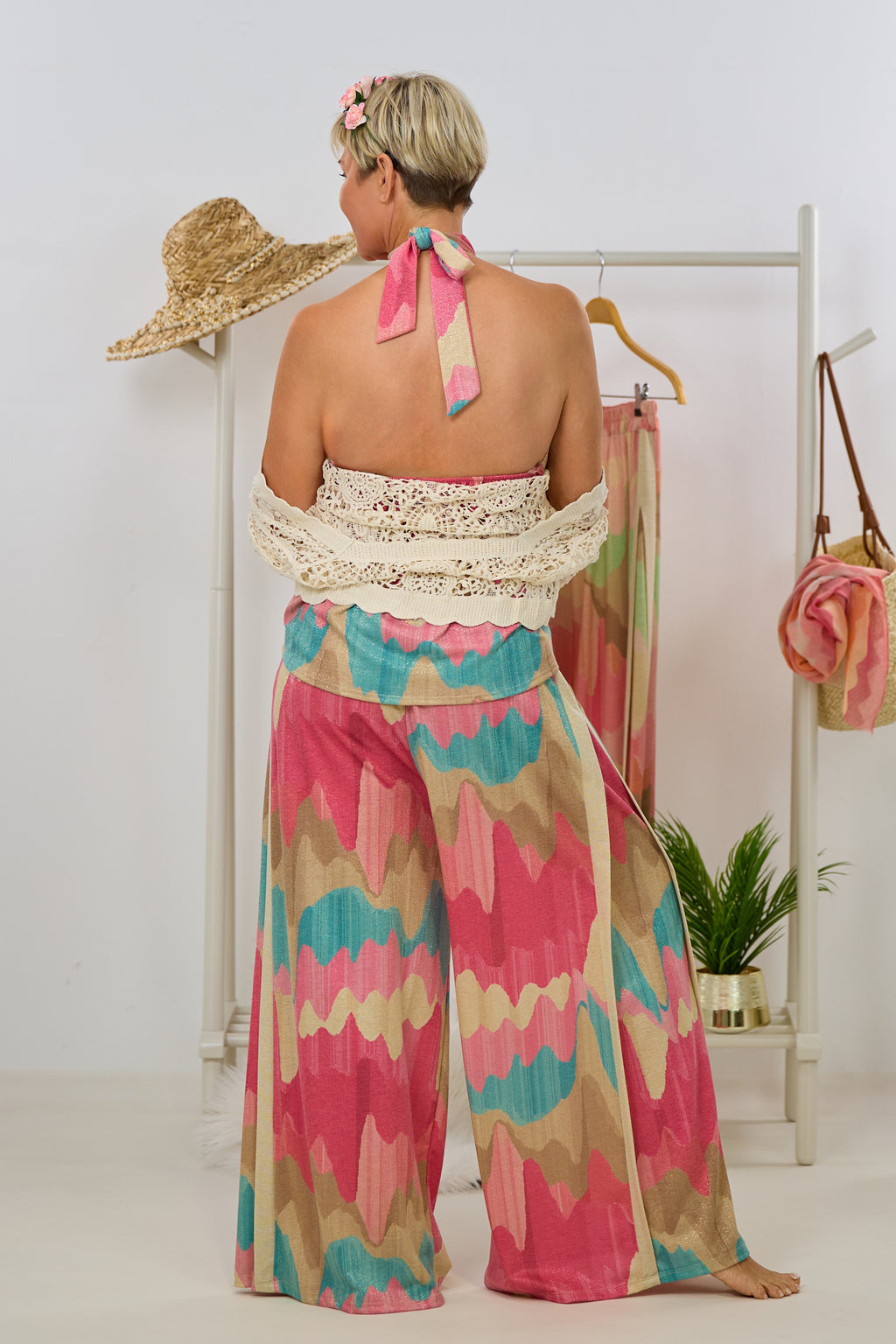 Neckholder Blusen-Top, pink-petrol-gold
