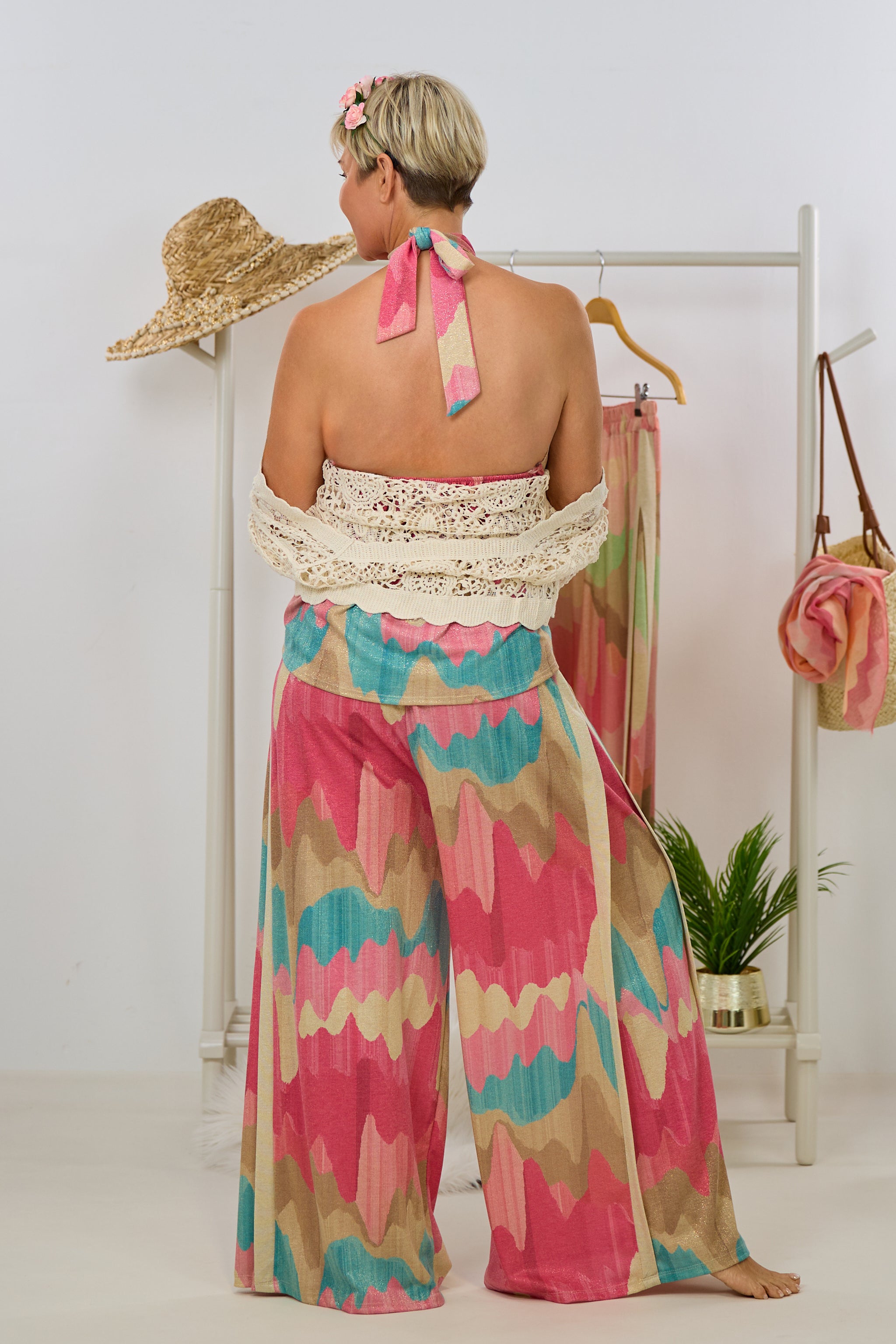 Neckholder Blusen-Top, pink-petrol-gold