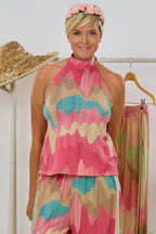 Neckholder Blusen-Top, pink-petrol-gold