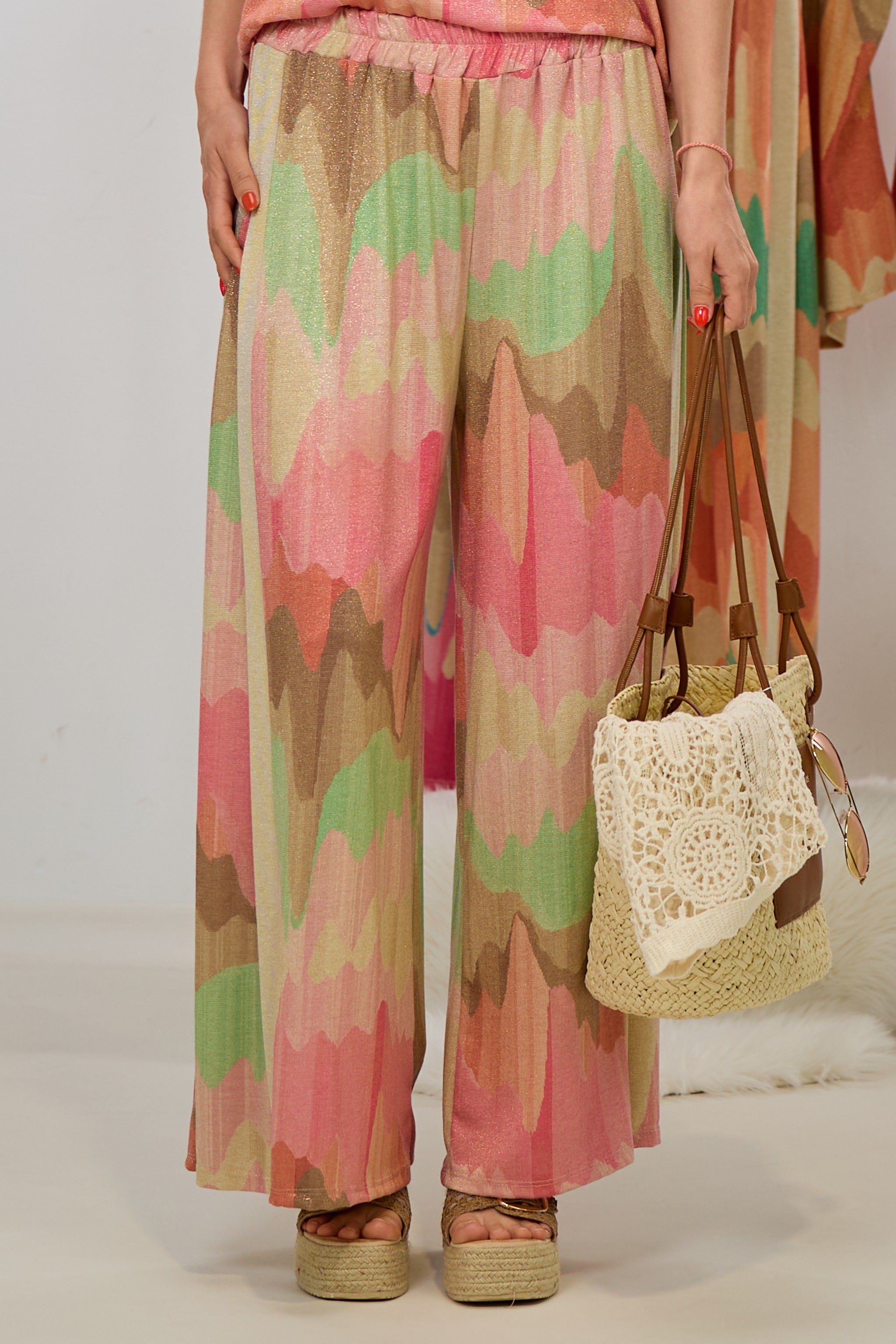 weit ausgestellte Hose mit Wellenmuster, rosa-mint-gold