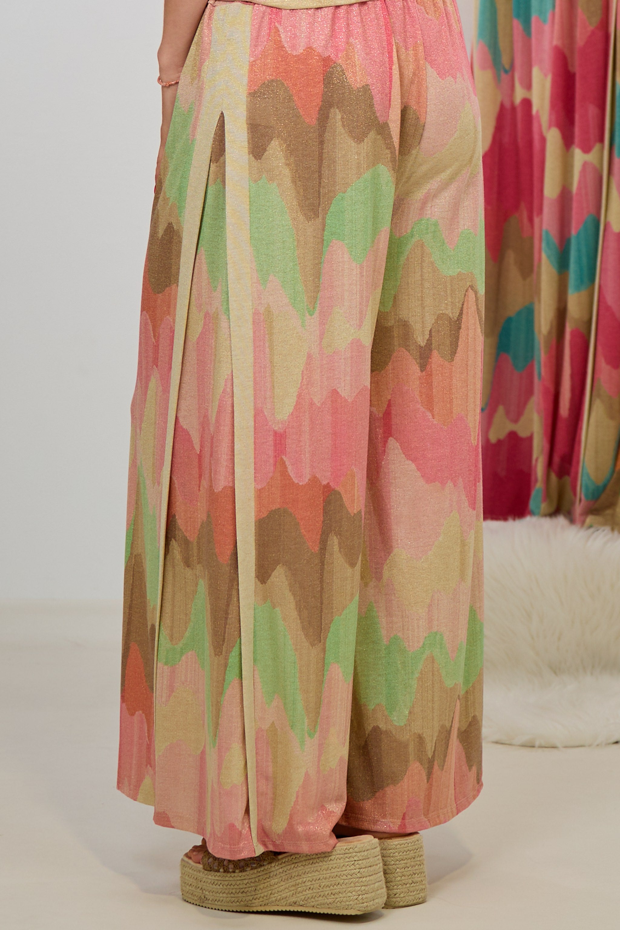 weit ausgestellte Hose mit Wellenmuster, rosa-mint-gold