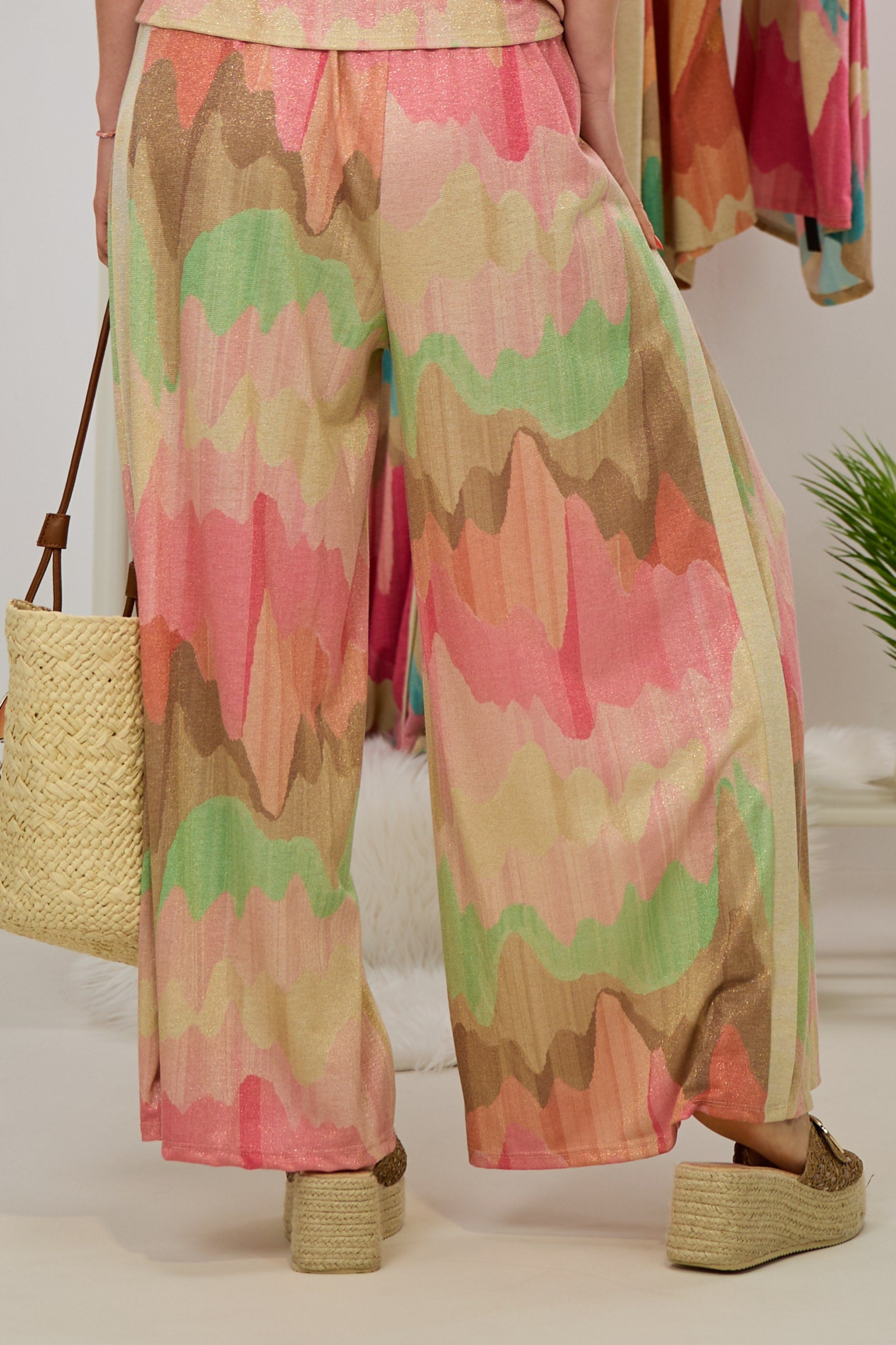 weit ausgestellte Hose mit Wellenmuster, rosa-mint-gold