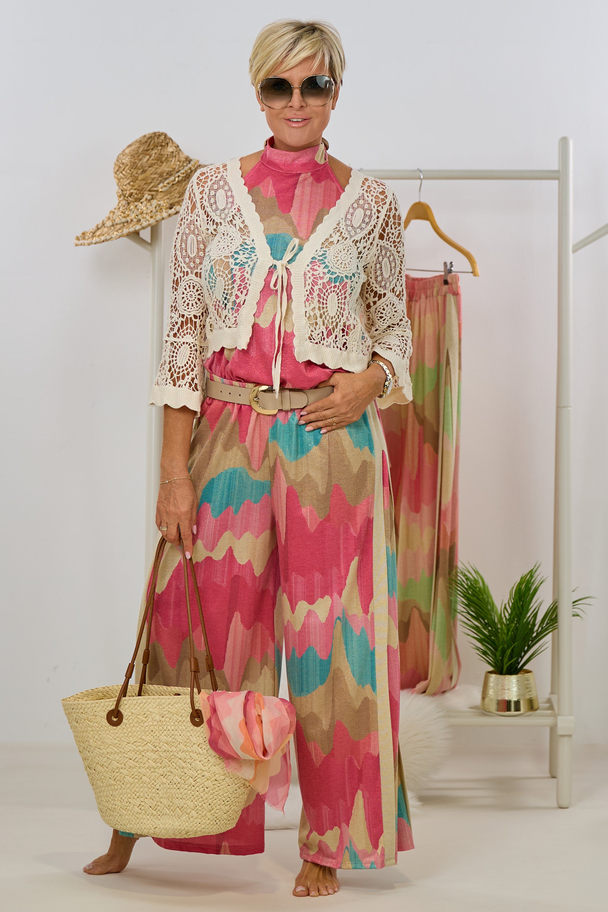 weit ausgestellte Hose mit Wellenmuster, pink-petrol-gold