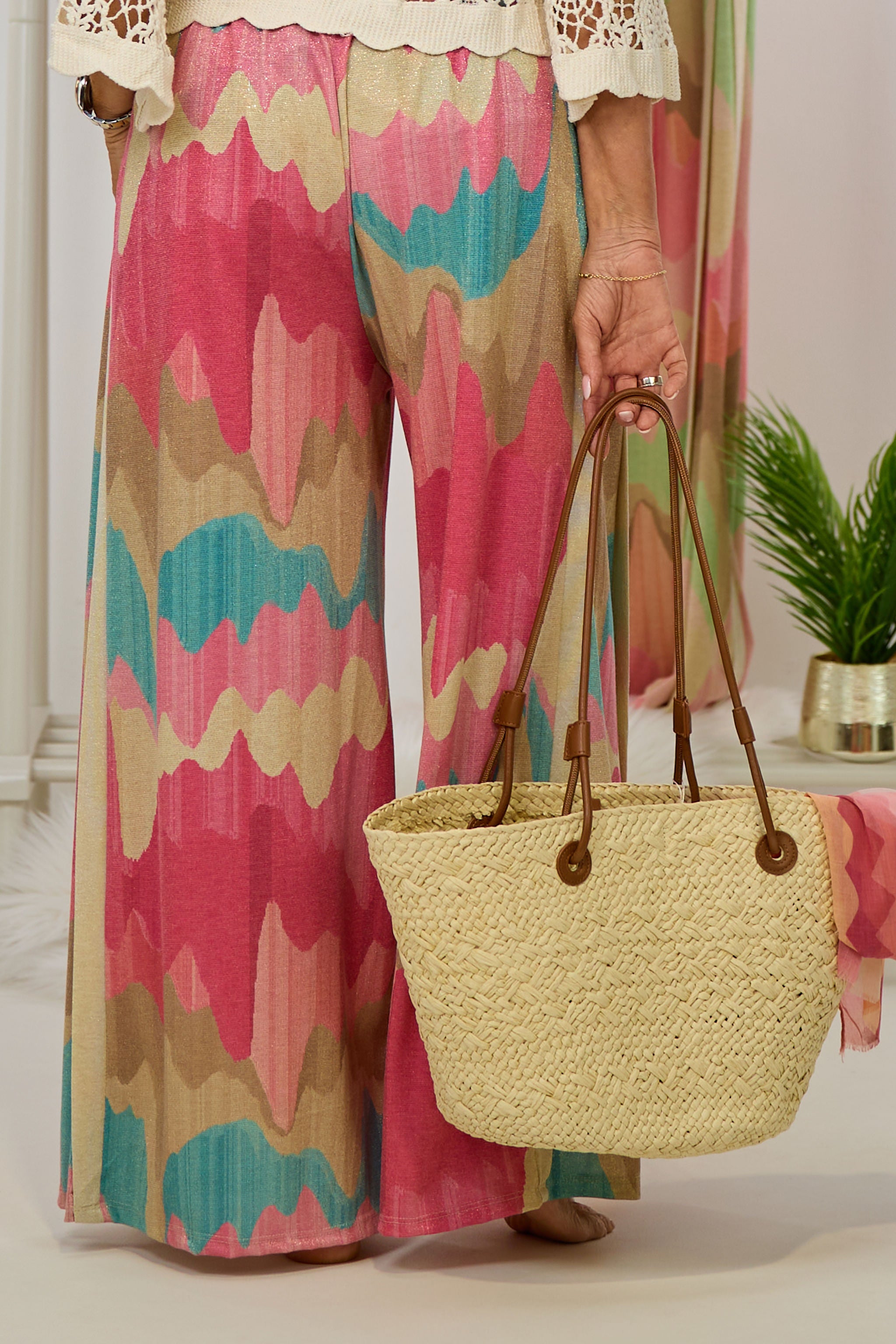 weit ausgestellte Hose mit Wellenmuster, pink-petrol-gold