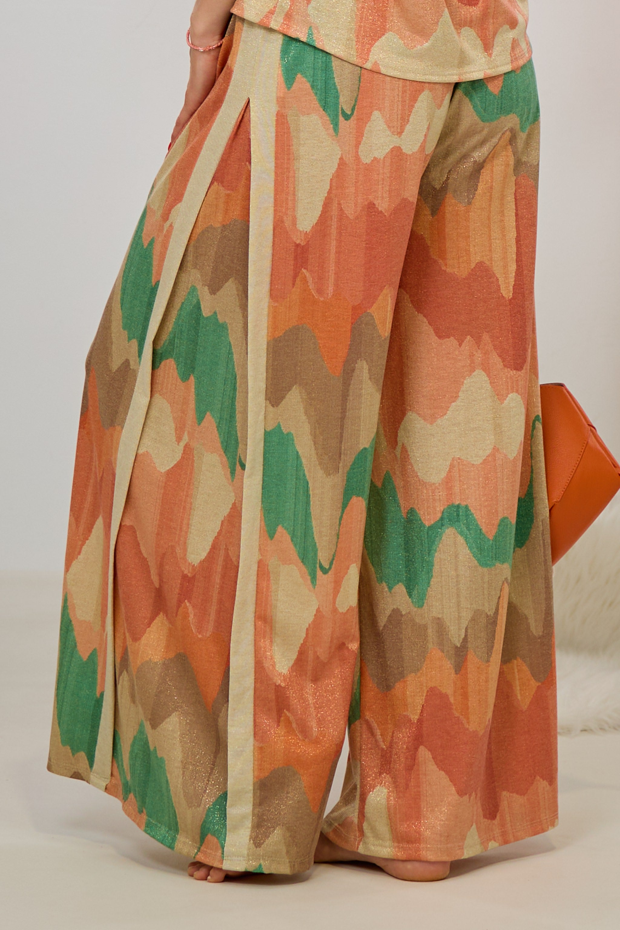 weit ausgestellte Hose mit Wellenmuster, orange-beige-gold
