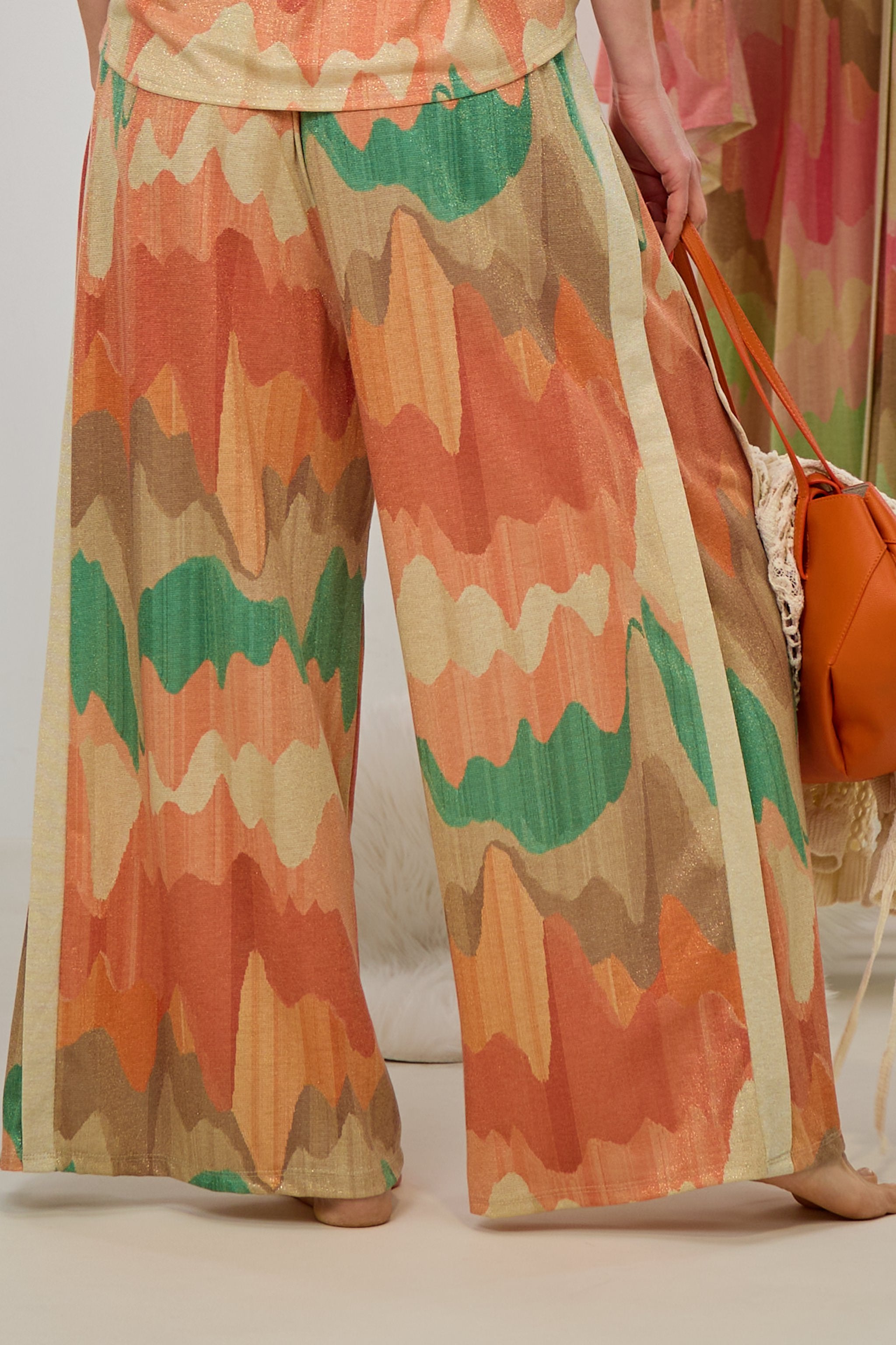 weit ausgestellte Hose mit Wellenmuster, orange-beige-gold