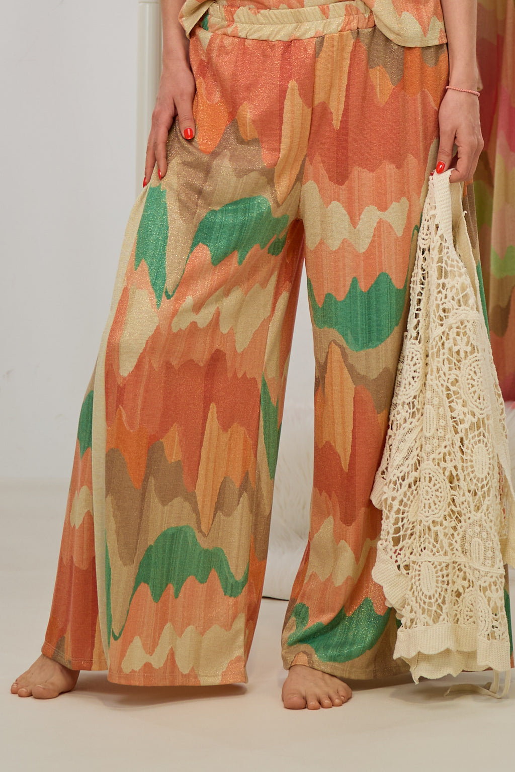 weit ausgestellte Hose mit Wellenmuster, orange-beige-gold