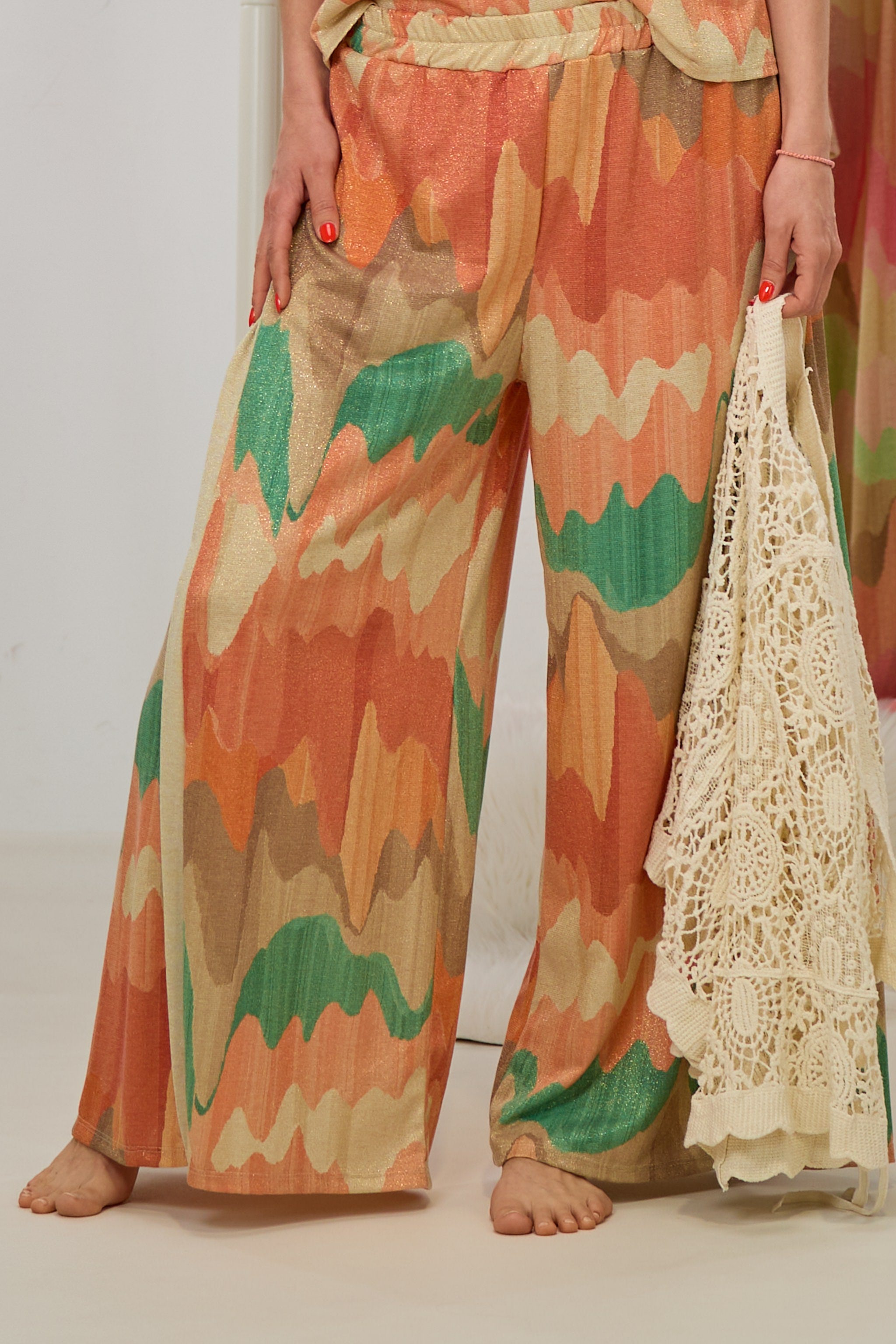weit ausgestellte Hose mit Wellenmuster, orange-beige-gold