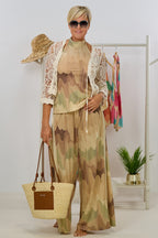 weit ausgestellte Hose mit Wellenmuster, beige-braun-gold