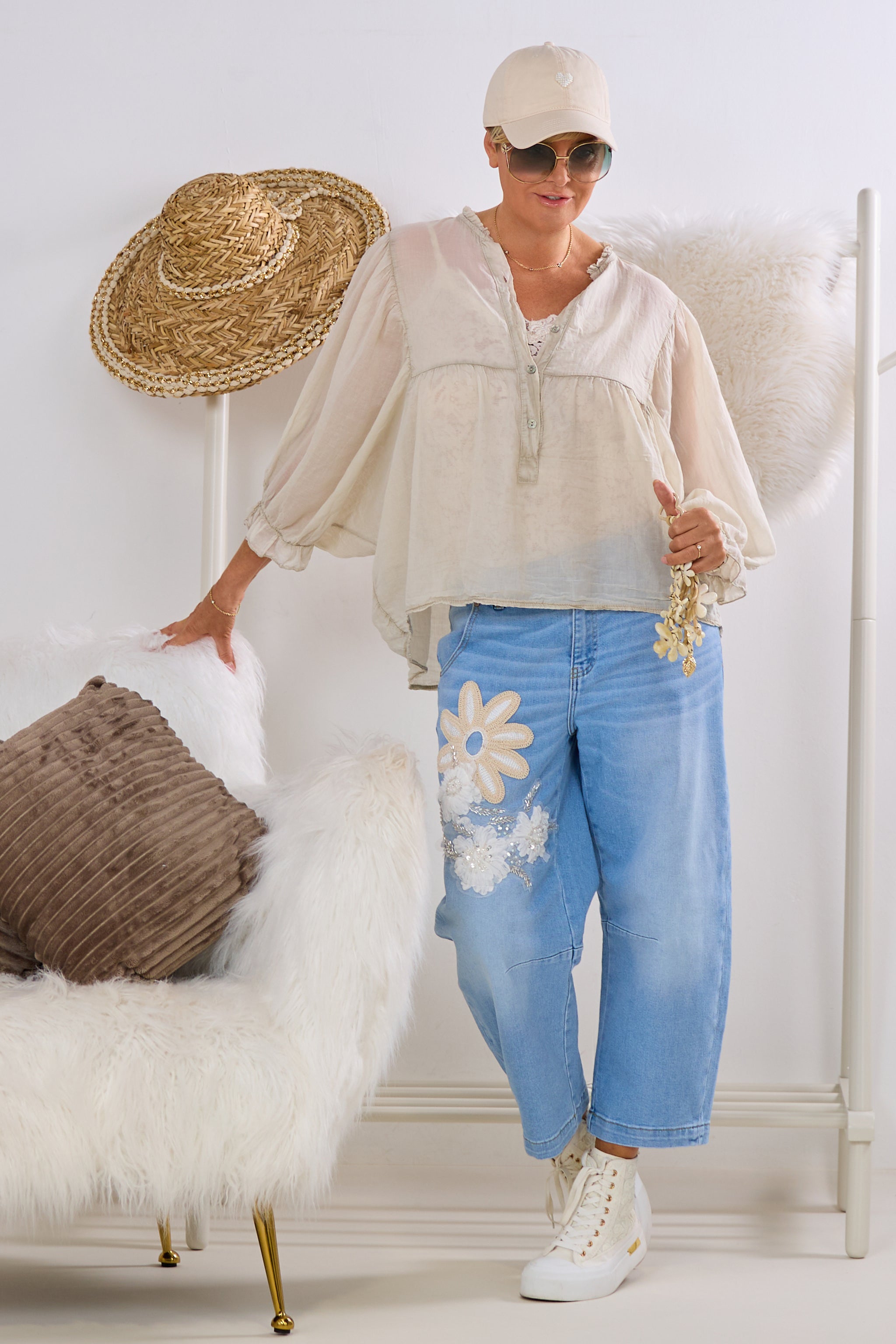 Transparente Bluse mit weiten Ärmeln, beige