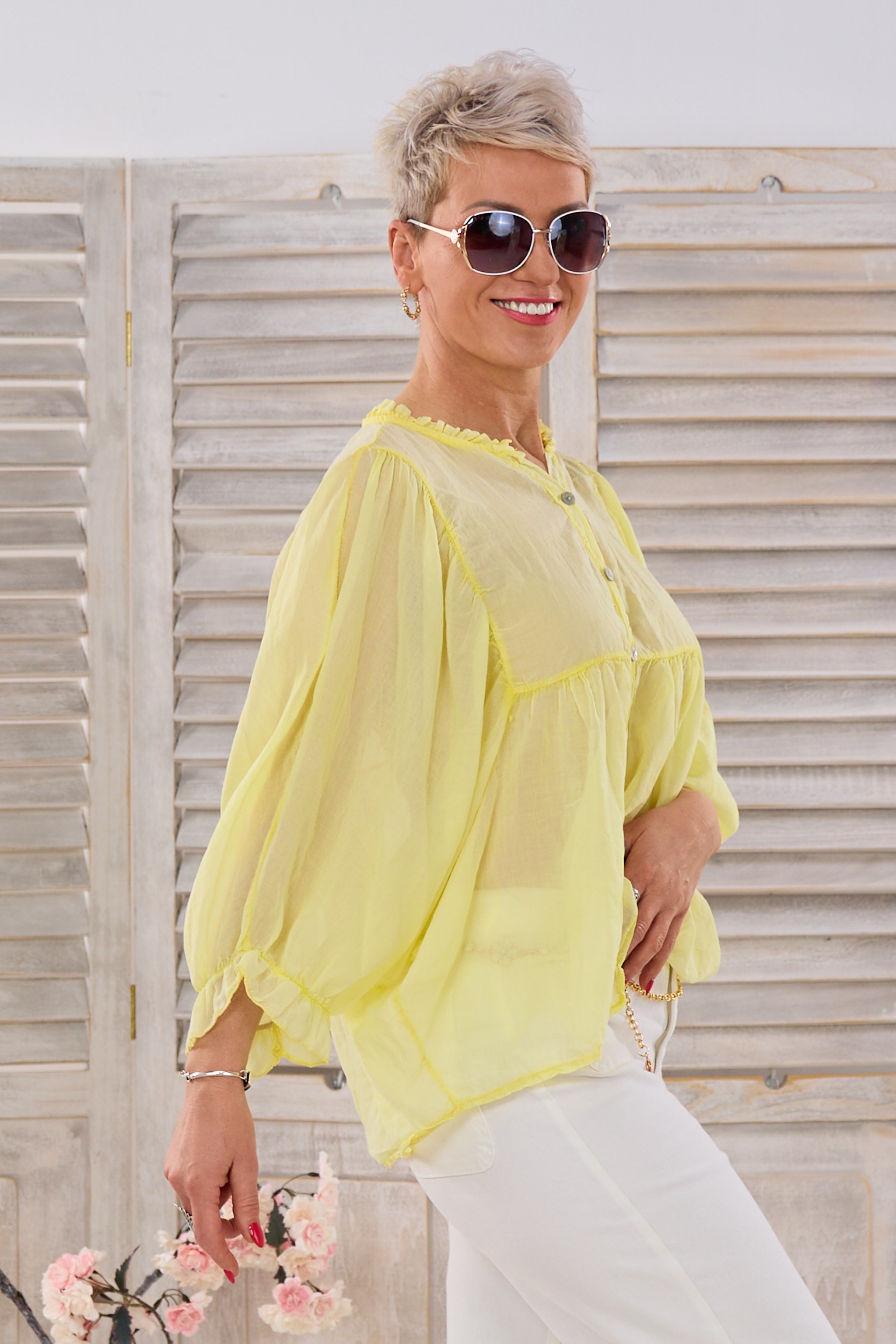 Transparente Bluse mit weiten Ärmeln, gelb