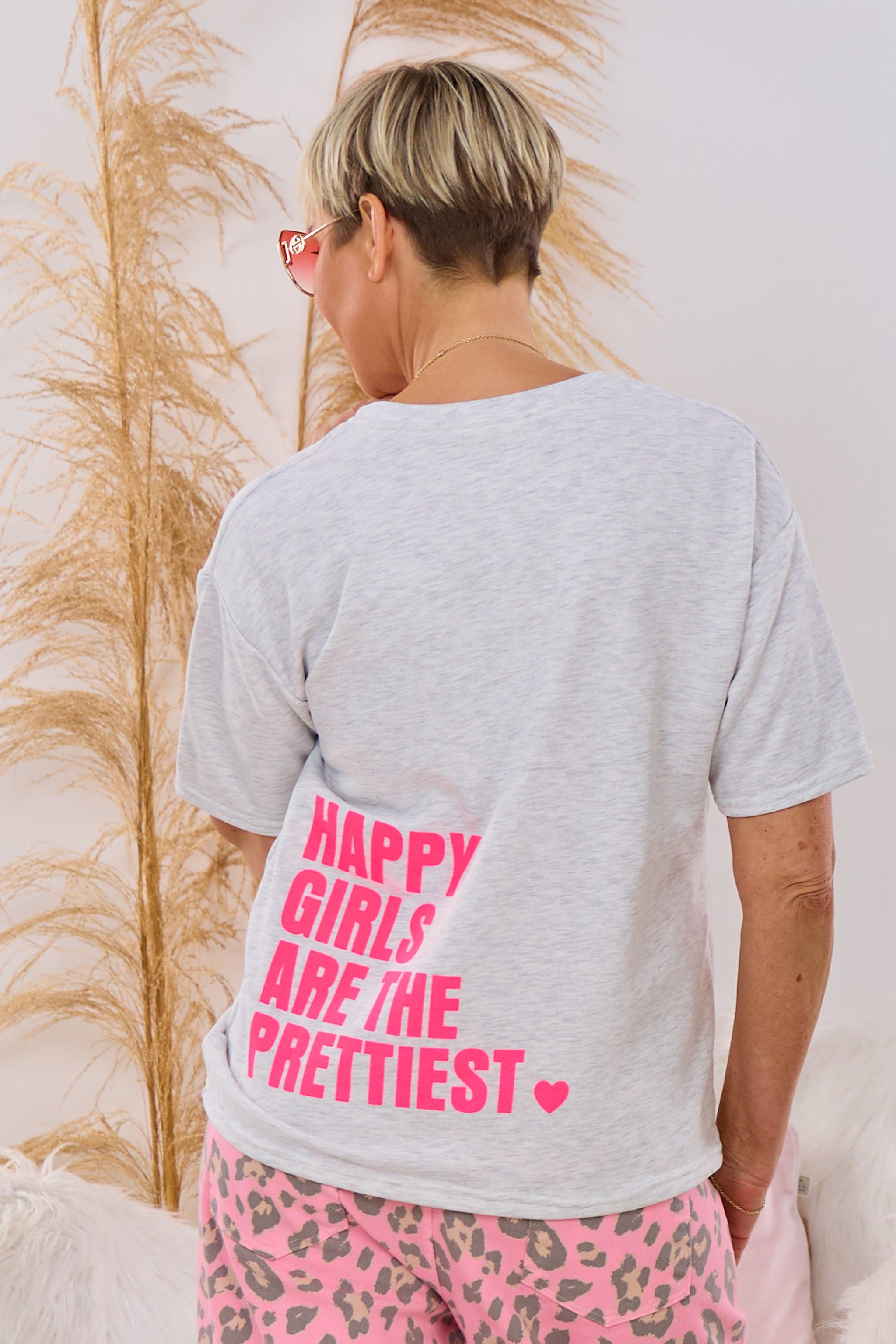 kurzarm Sweaty Happy Girls, hellgrau-neonpink