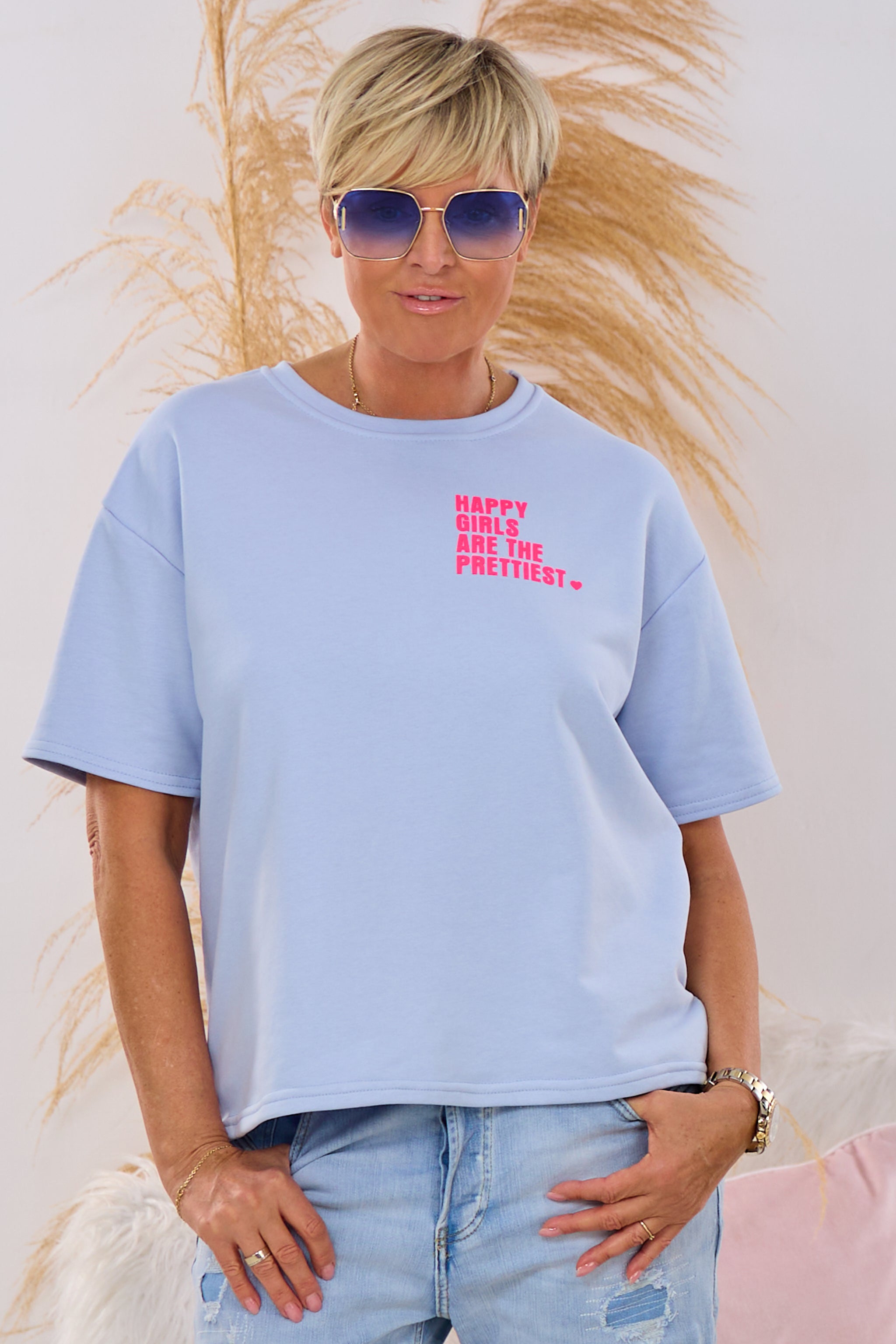 kurzarm Sweaty Happy Girls, hellblau-neonpink