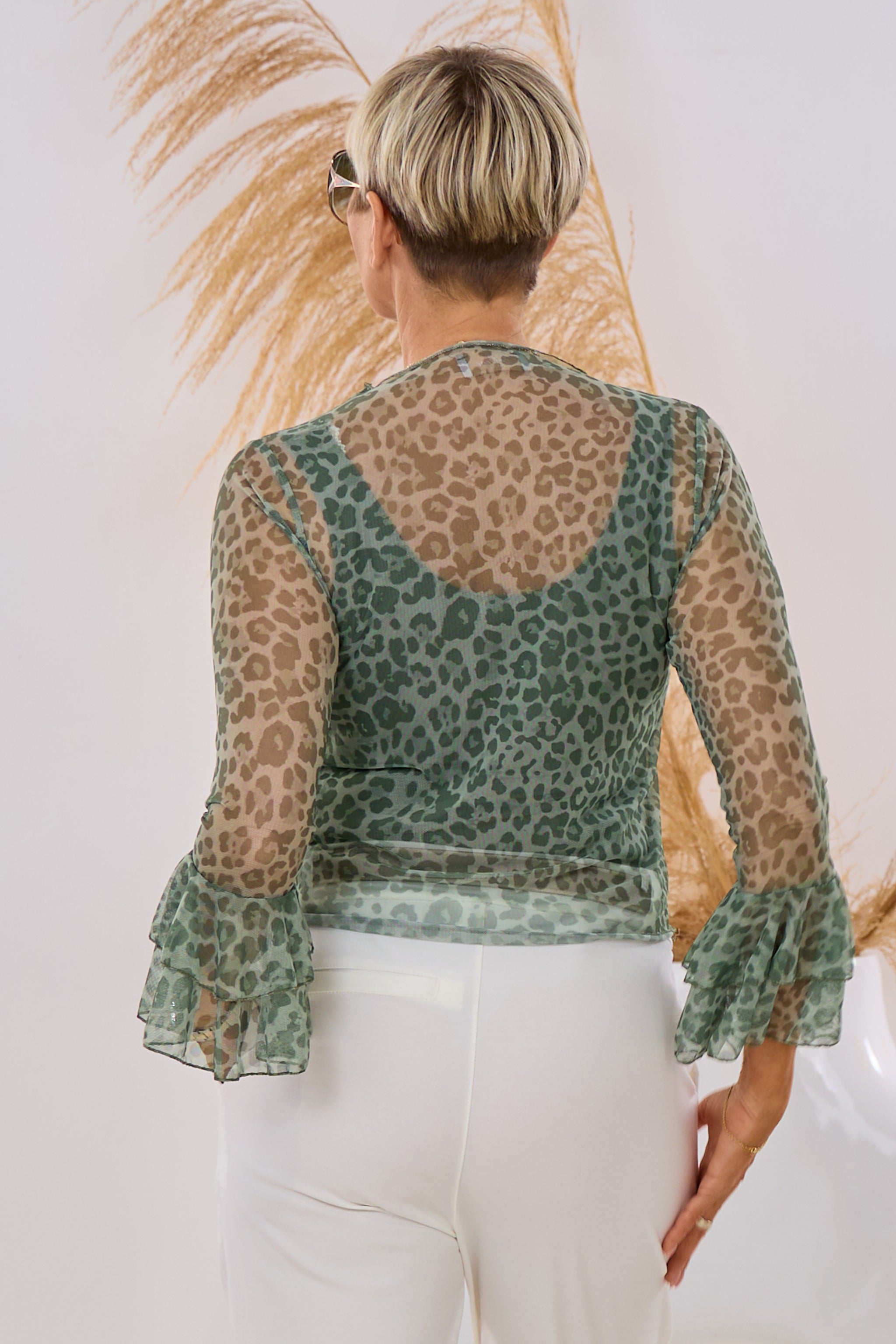 Feines Netzshirt mit Trompeterärmeln, leo-khaki