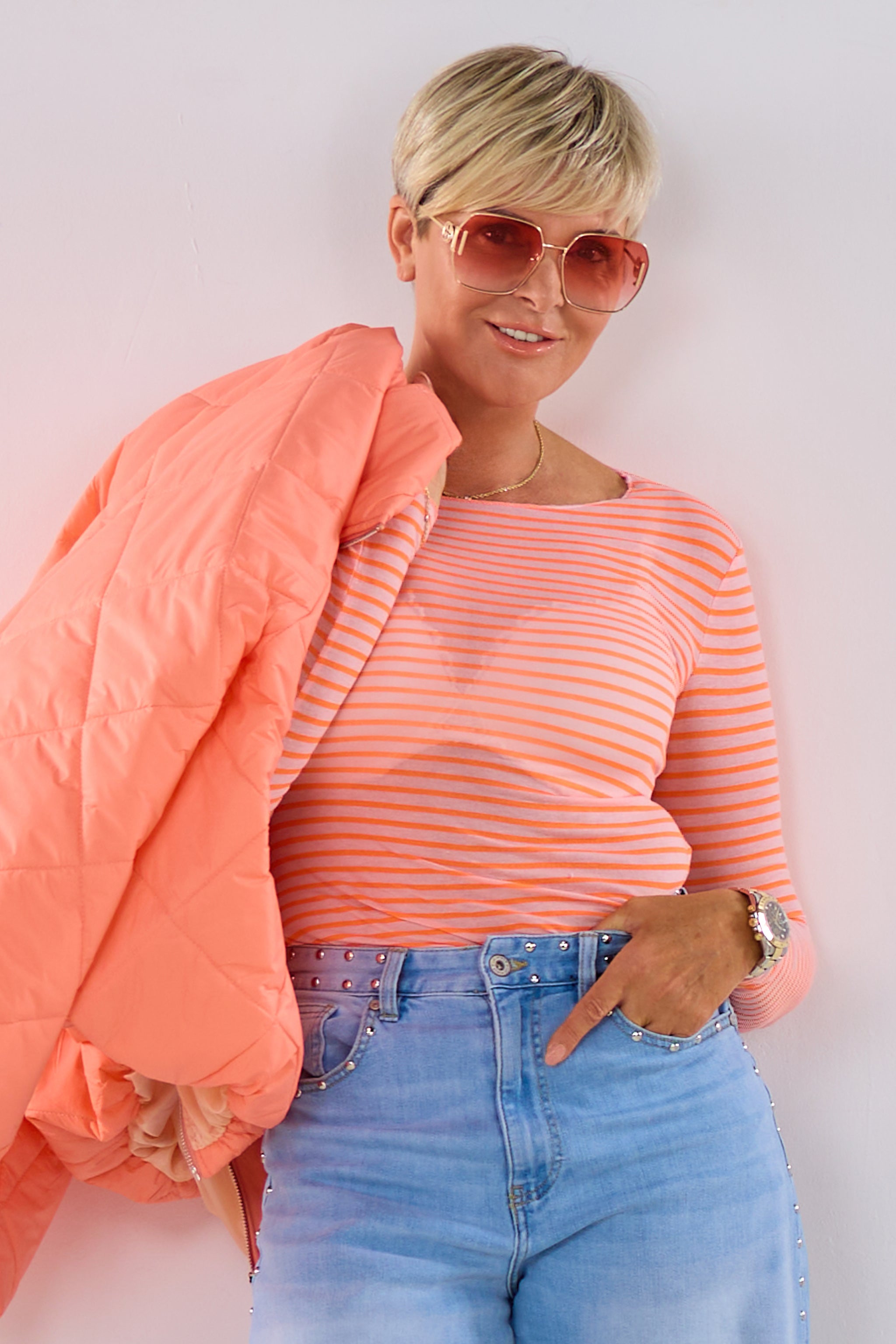 transparentes Longsleeve, neonorange-geringelt