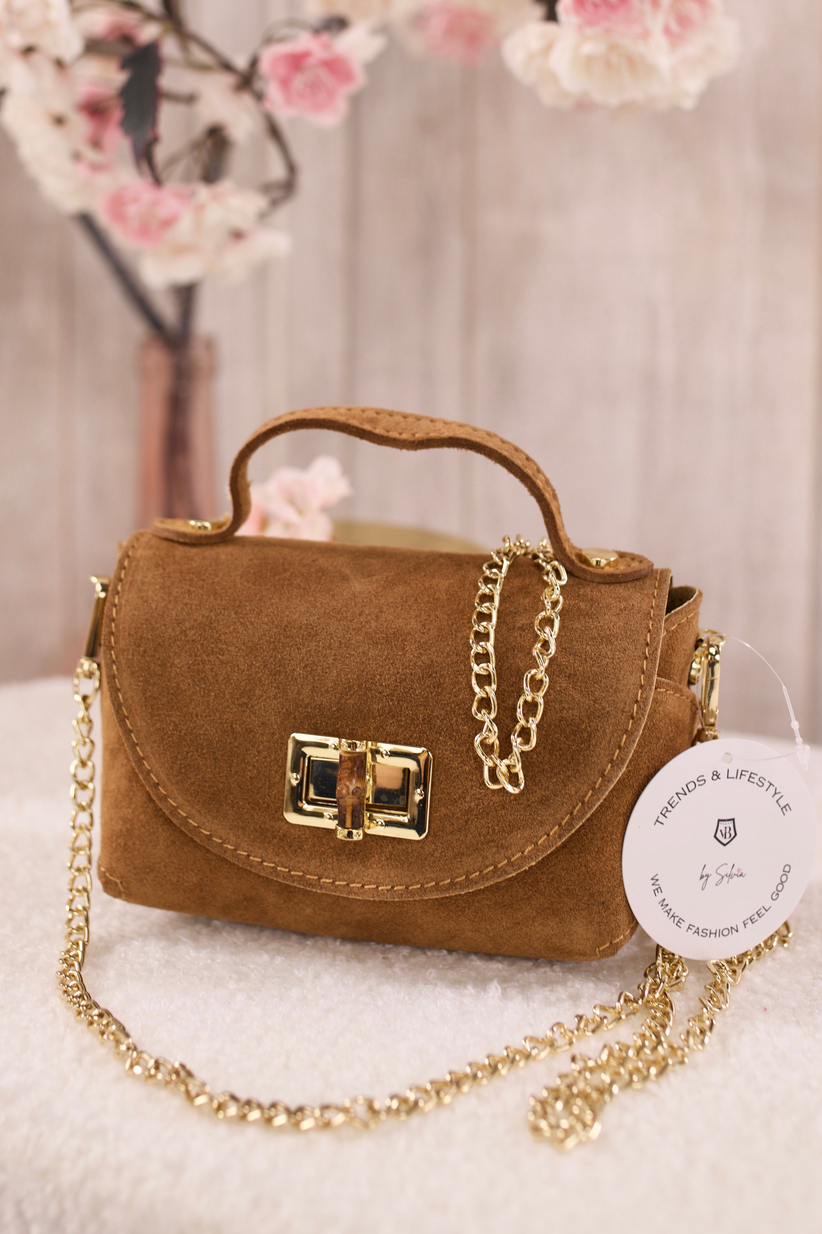 Kleine Wildleder Tasche, cognac