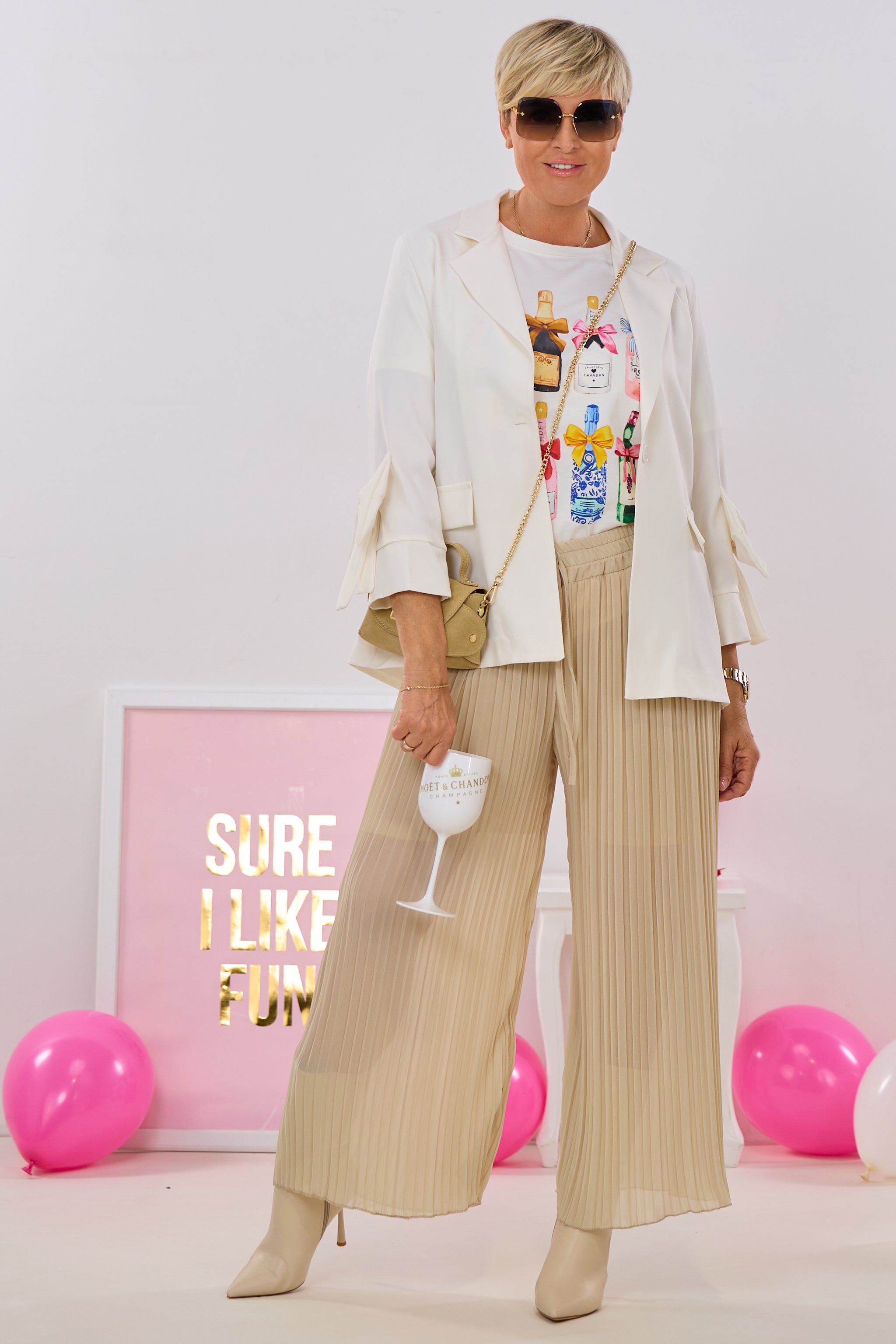 Plissée Hose mit elastischem Bund, beige