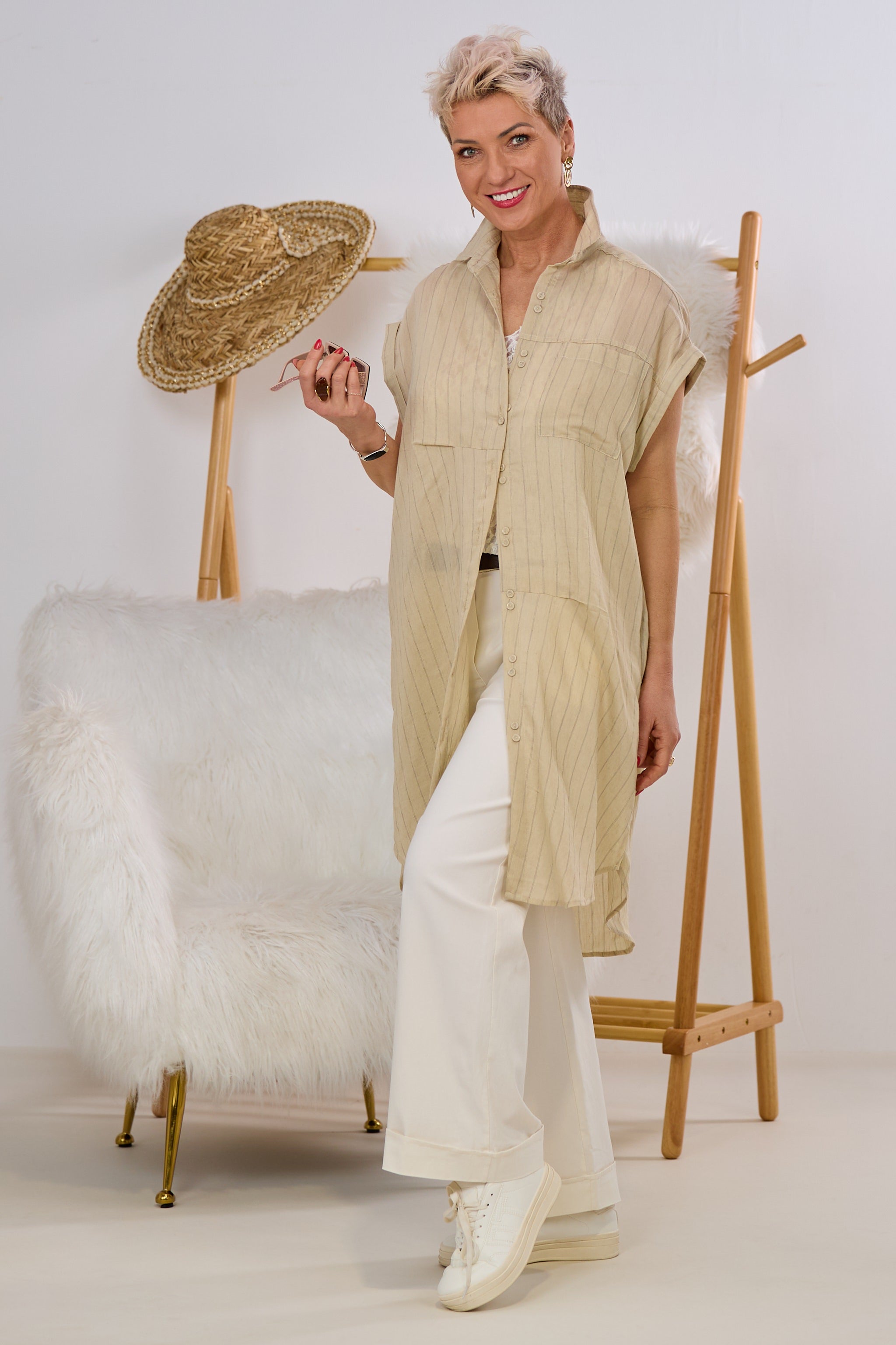 Gestreiftes Hemdblusenkleid, beige