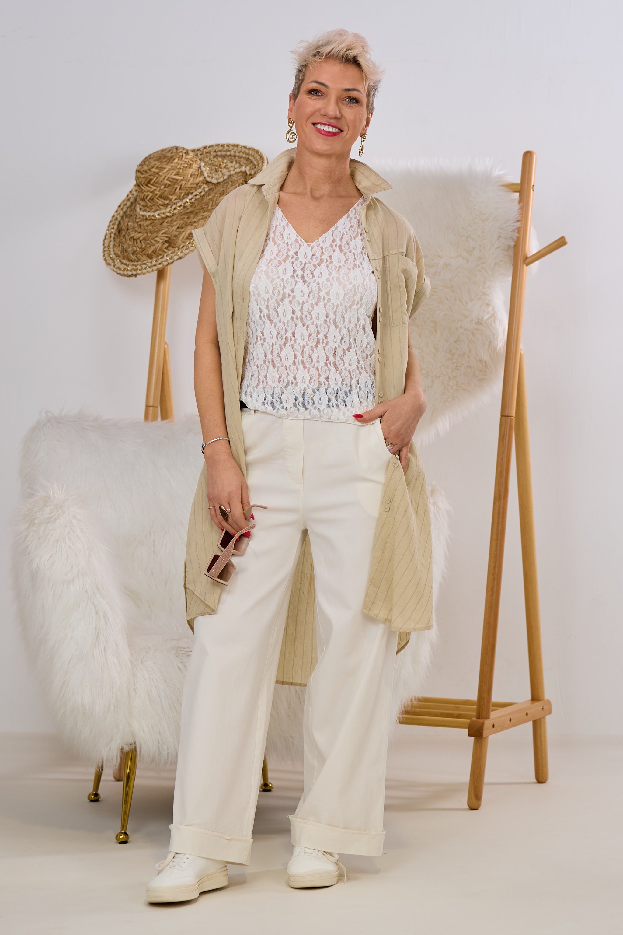 Gestreiftes Hemdblusenkleid, beige