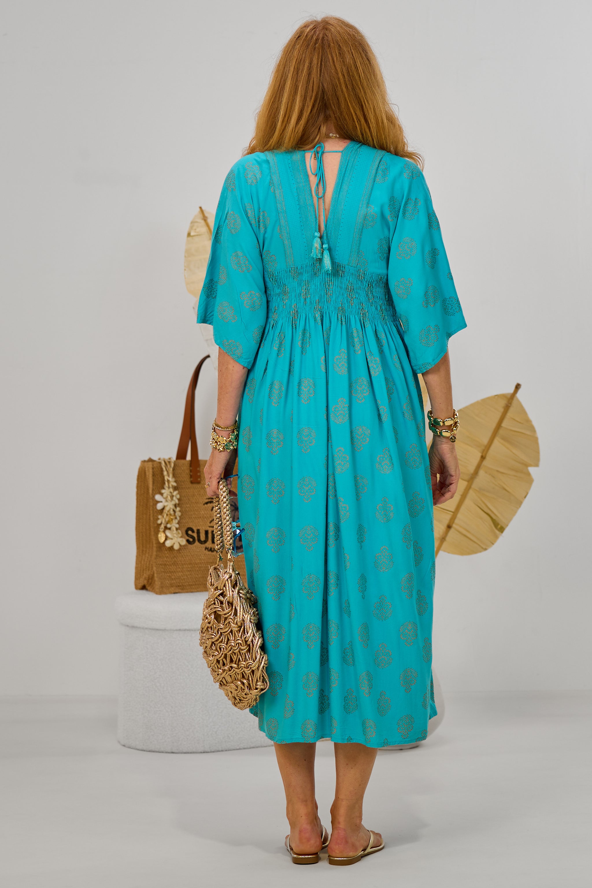 Langes Kleid im Boho-Style, türkis-gold