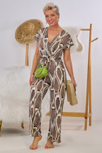 Jumpsuit mit V-Ausschnitt, braun-khaki-creme