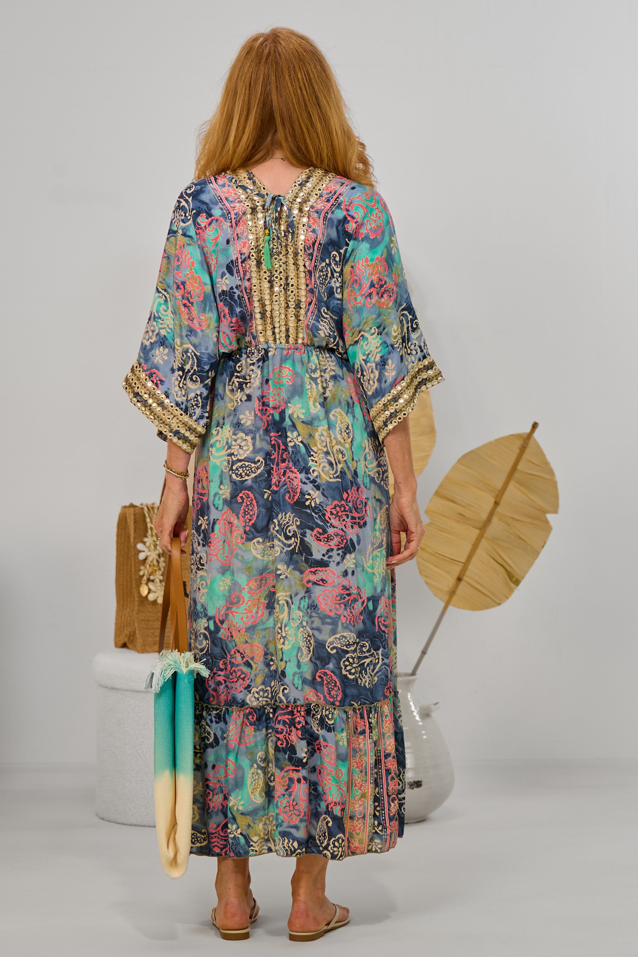 Langes Kleid im Boho-Style, dunkelblau-rosa