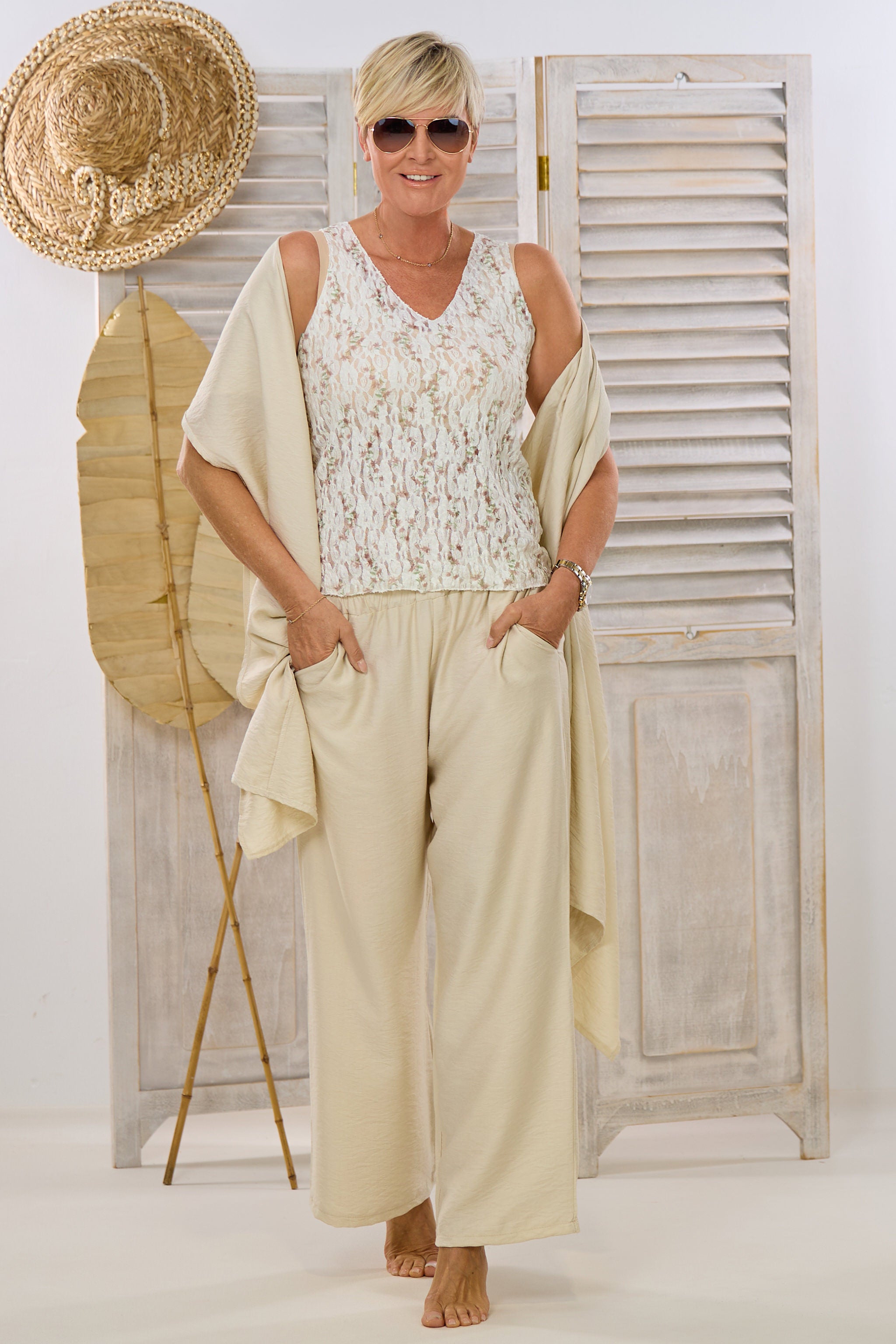 Top aus Spitze mit Blumenmuster, ecru-rosa