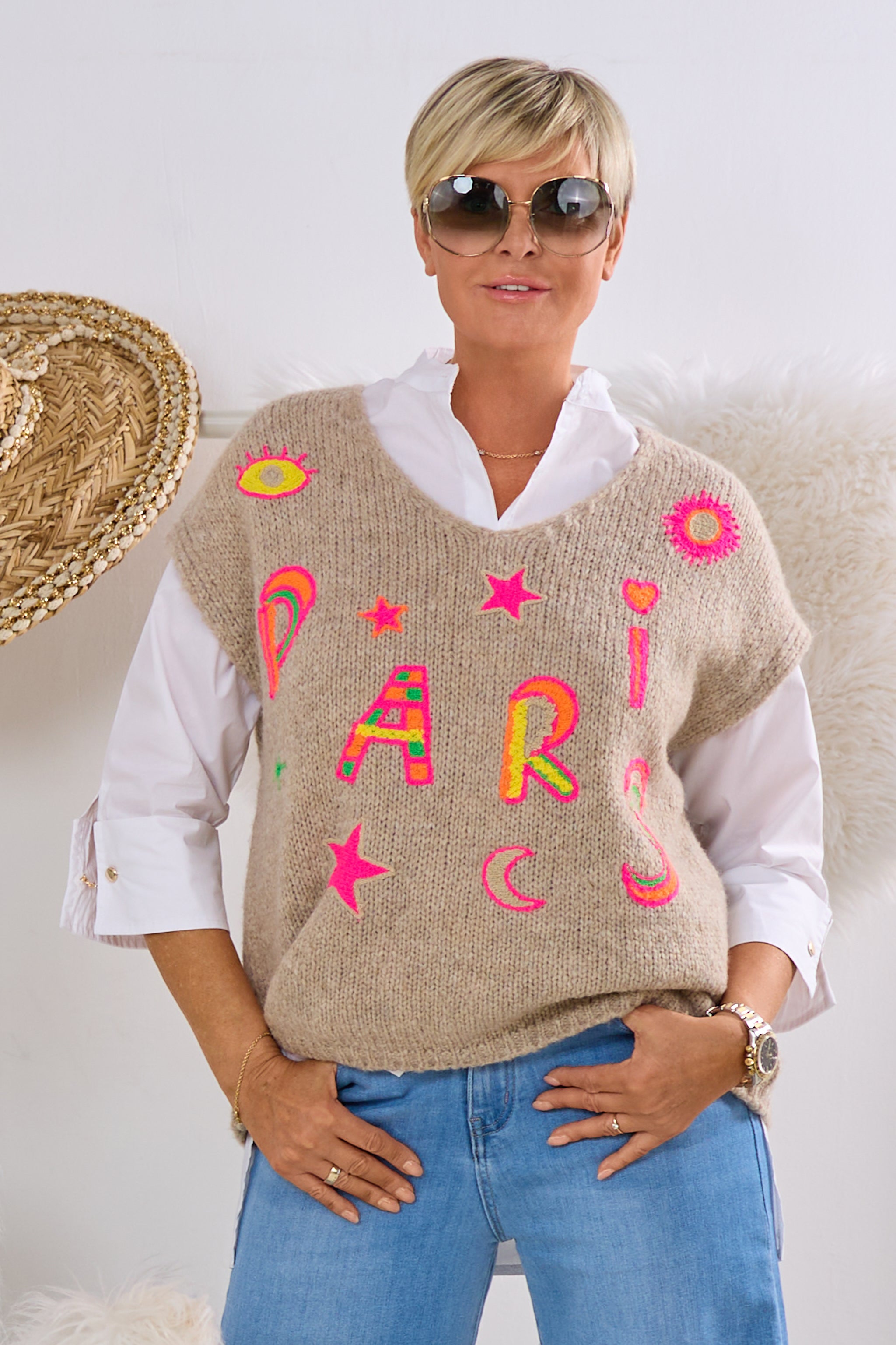 Oversized Pullunder, stein-bunt