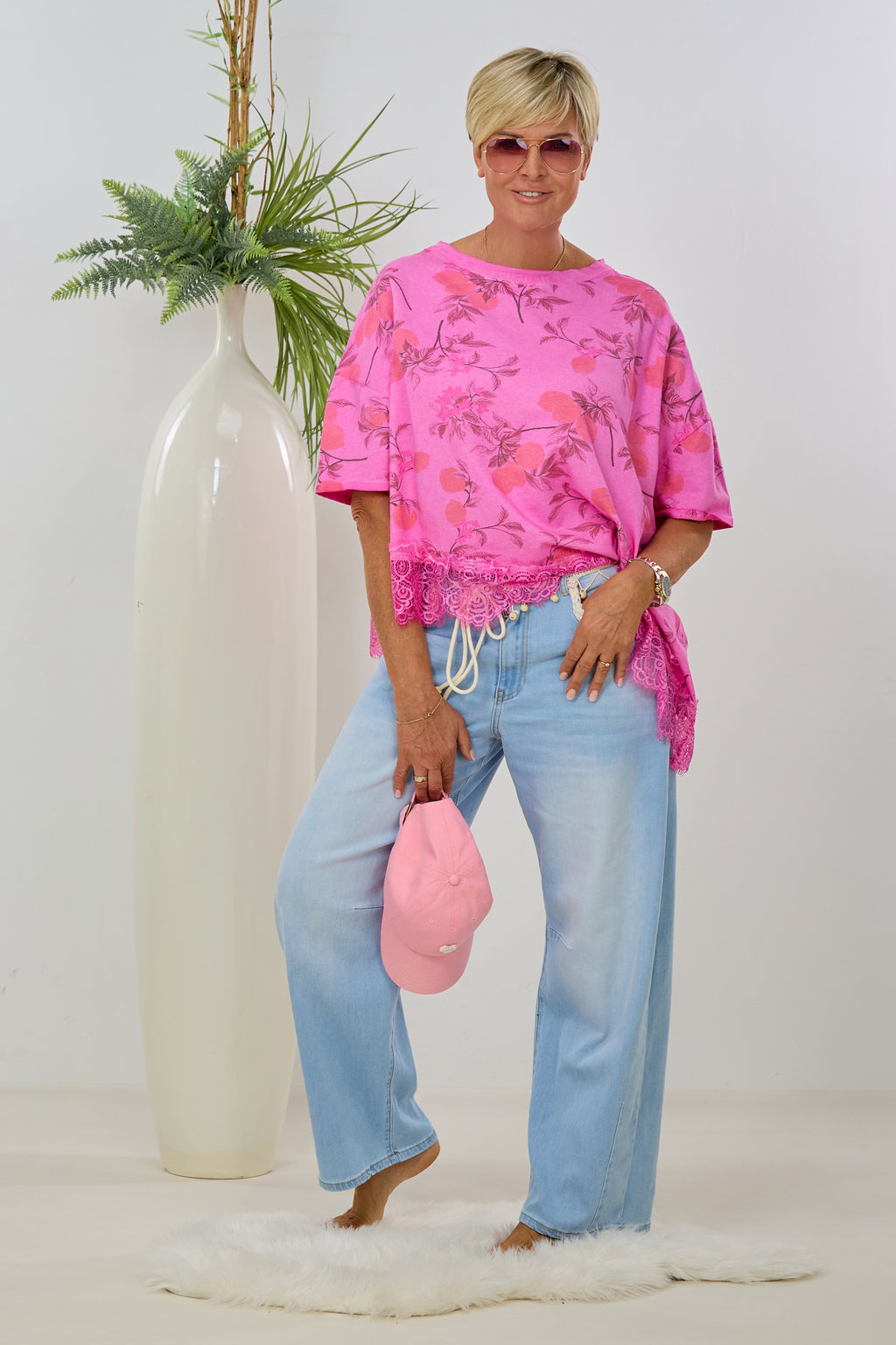 Asymmetrisches Kurzarm Sweaty, pink-geblümt
