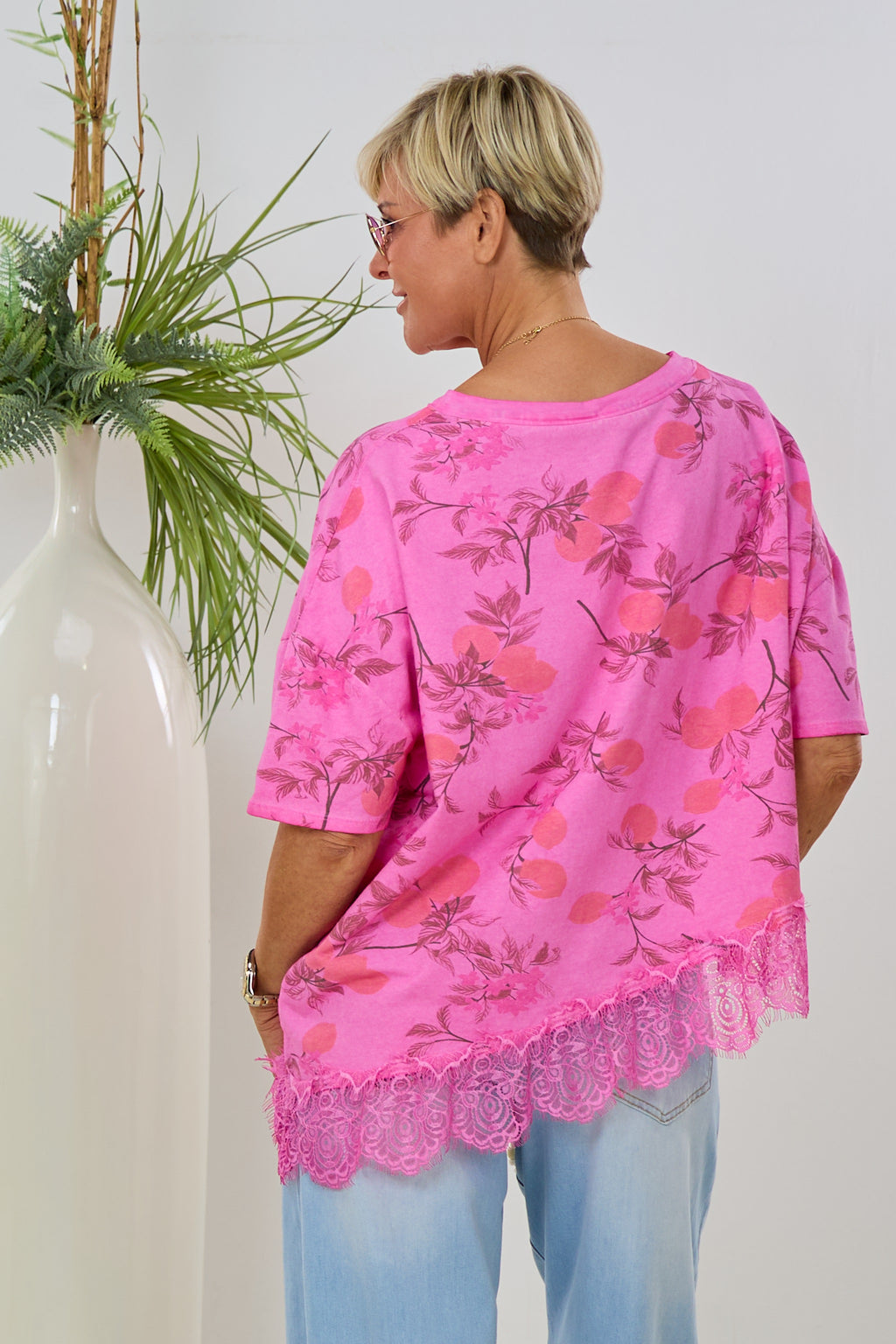 Asymmetrisches Kurzarm Sweaty, pink-geblümt
