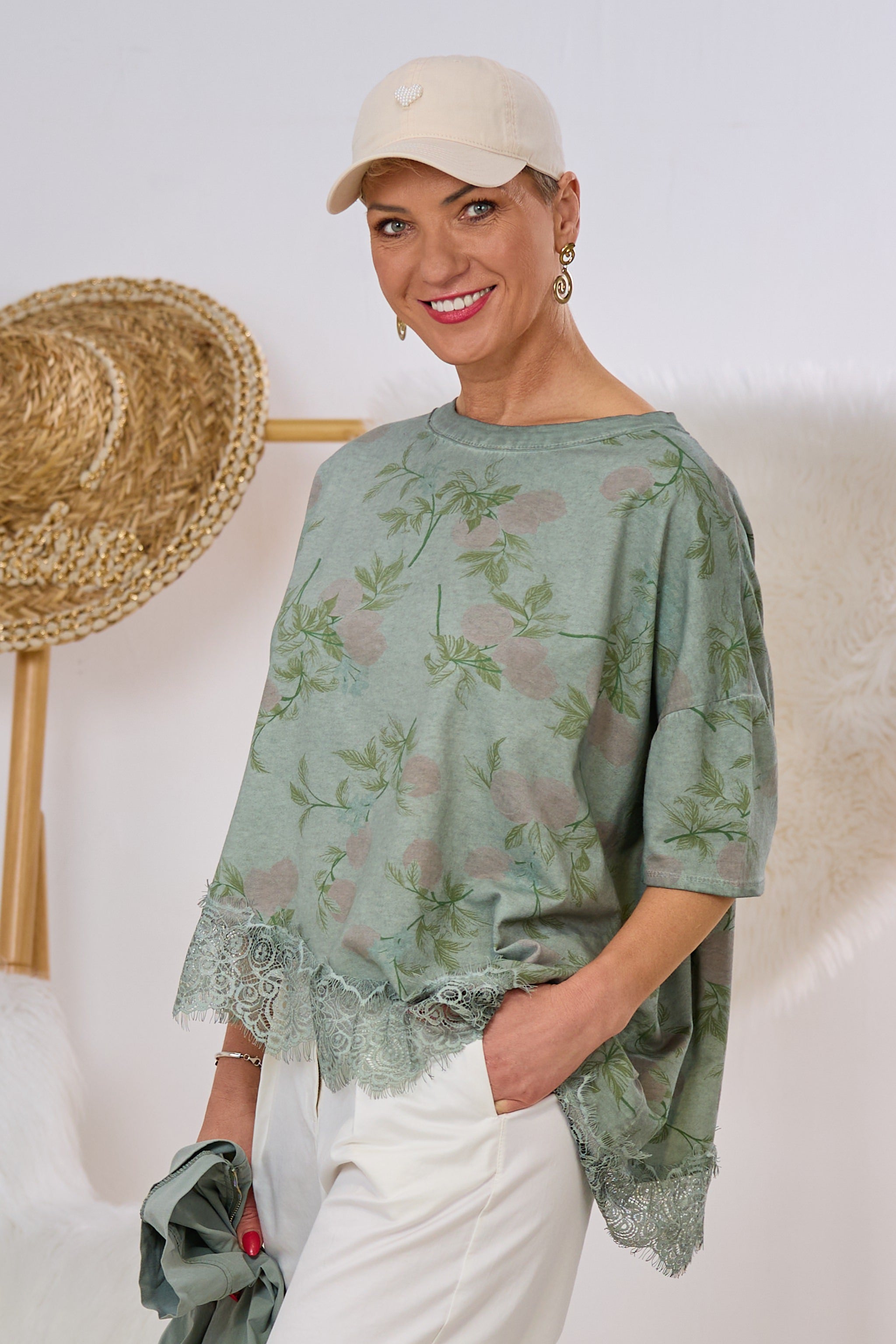 Asymmetrisches Kurzarm Sweaty, khaki-geblümt