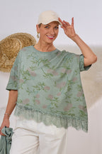 Asymmetrisches Kurzarm Sweaty, khaki-geblümt