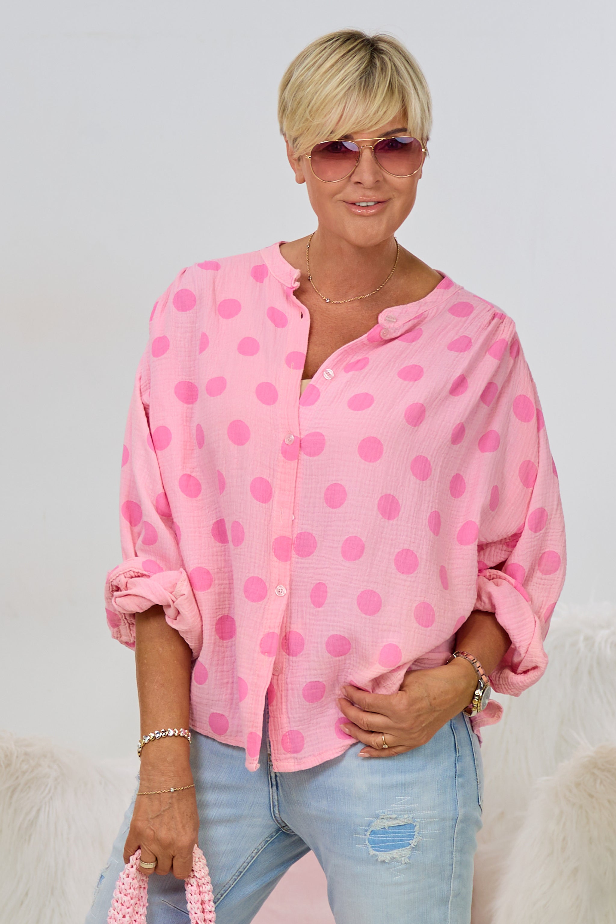 Musselin Bluse mit Punkten, rosa