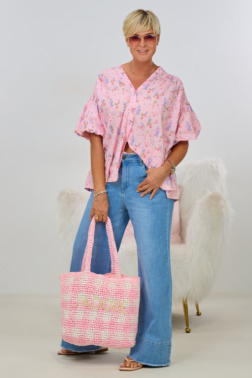 Bluse mit "Puff-Ärmeln", rosa-geblümt