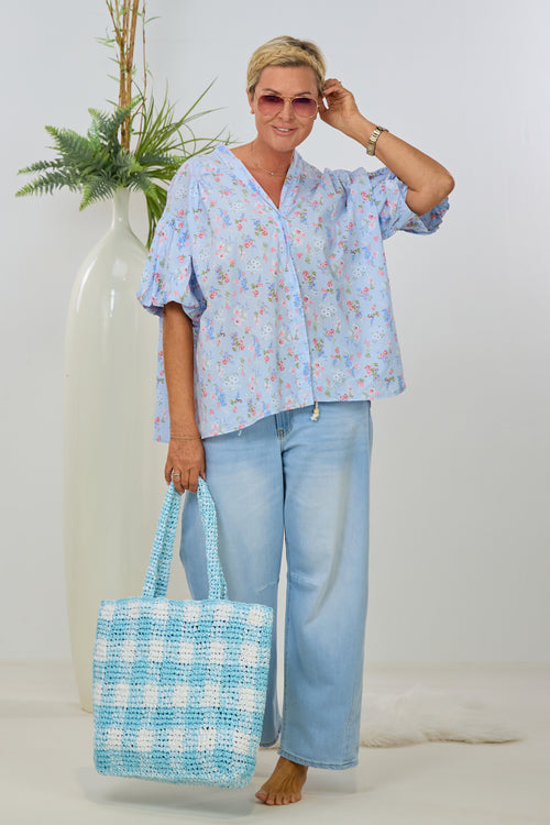 Bluse mit "Puff-Ärmeln", hellblau-geblümt