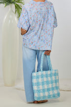 Bluse mit "Puff-Ärmeln", hellblau-geblümt