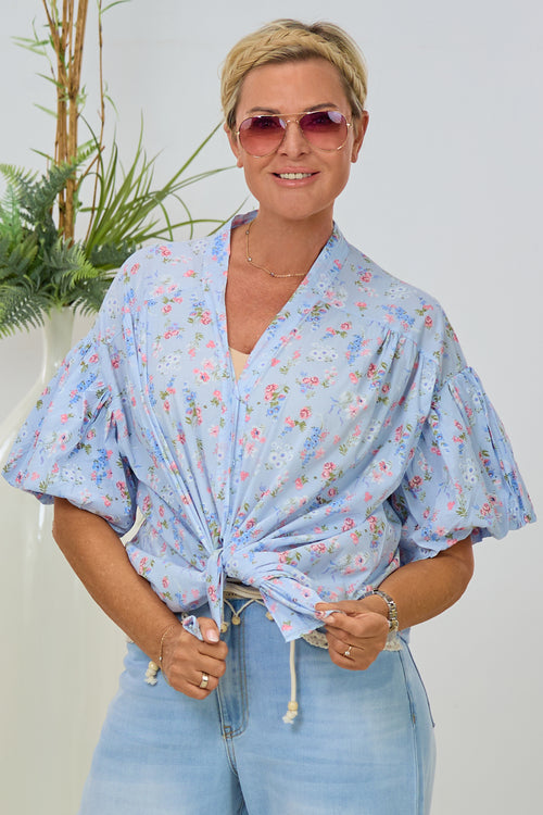 Bluse mit "Puff-Ärmeln", hellblau-geblümt