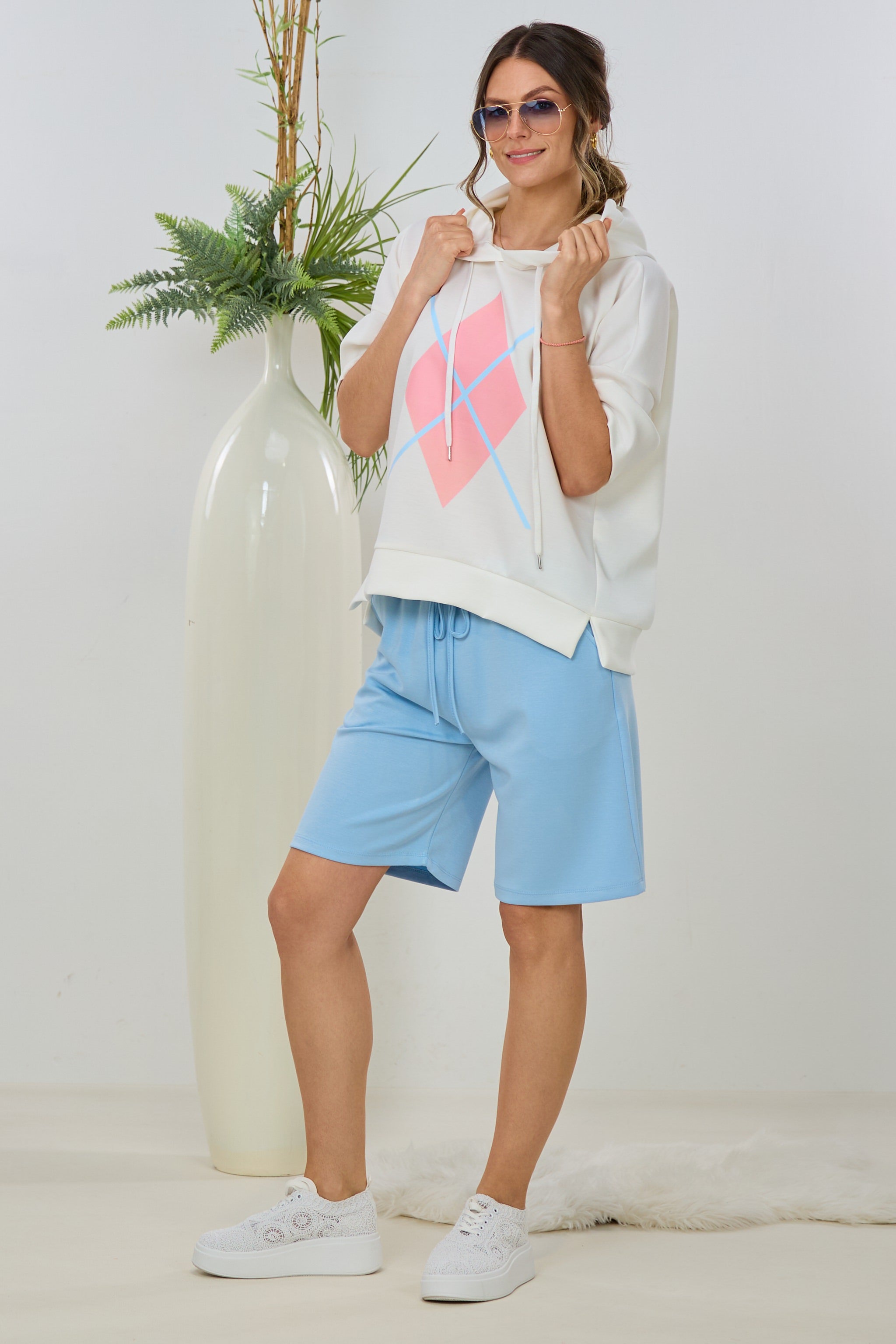 Cozy Kurzarm Hoodie, ecru-rosa