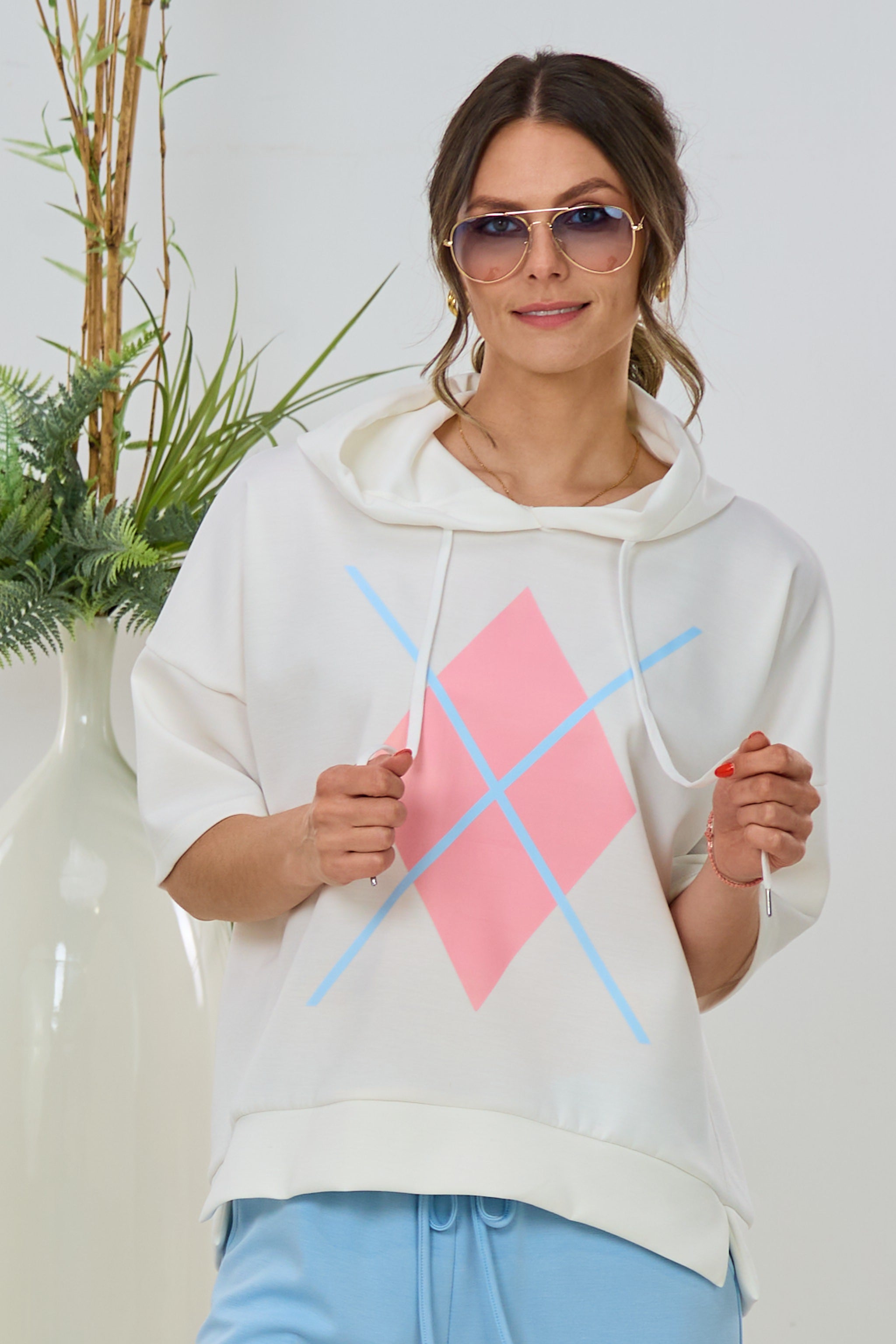 Cozy Kurzarm Hoodie, ecru-rosa