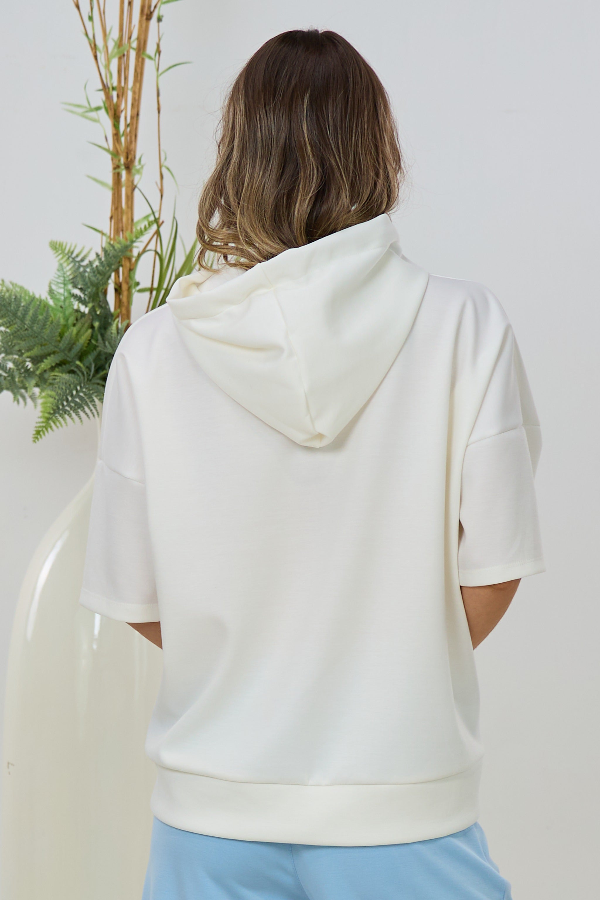 Cozy Kurzarm Hoodie, ecru-rosa