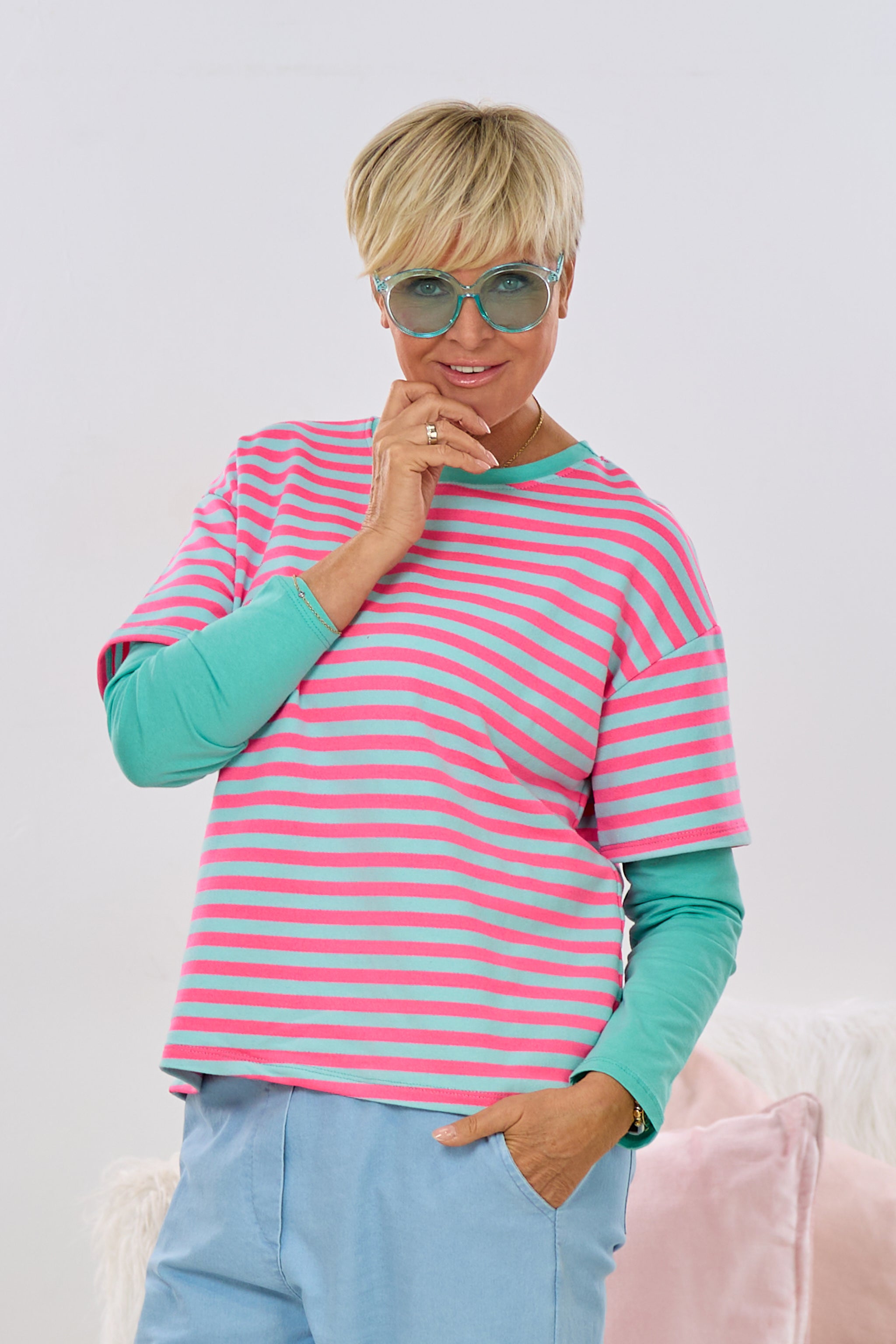 Ringel-Sweaty mit angesetzten Ärmeln, mint-pink gestreift