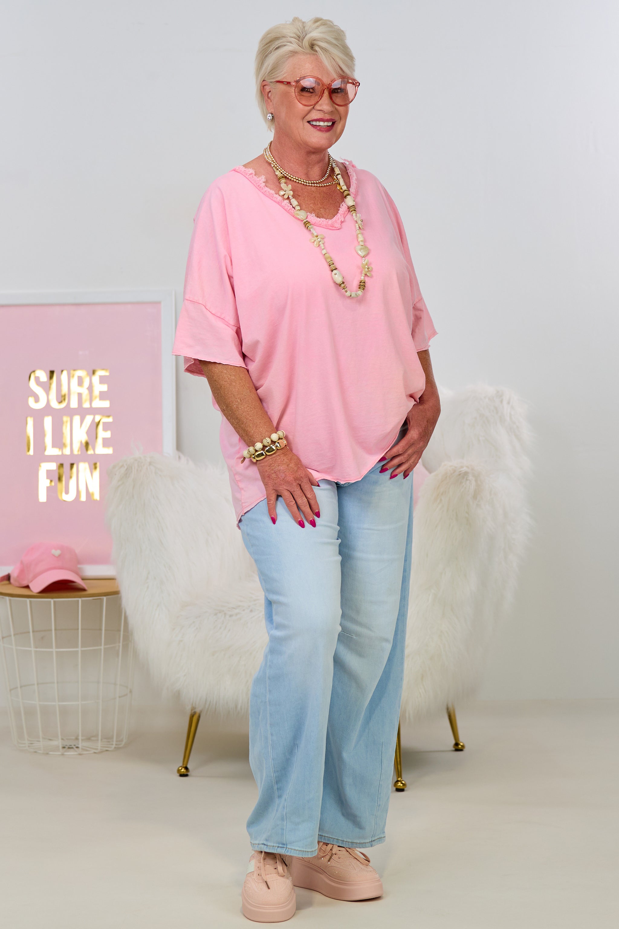 oversized T-Shirt mit ausgefranstem V-Ausschnitt, rosa